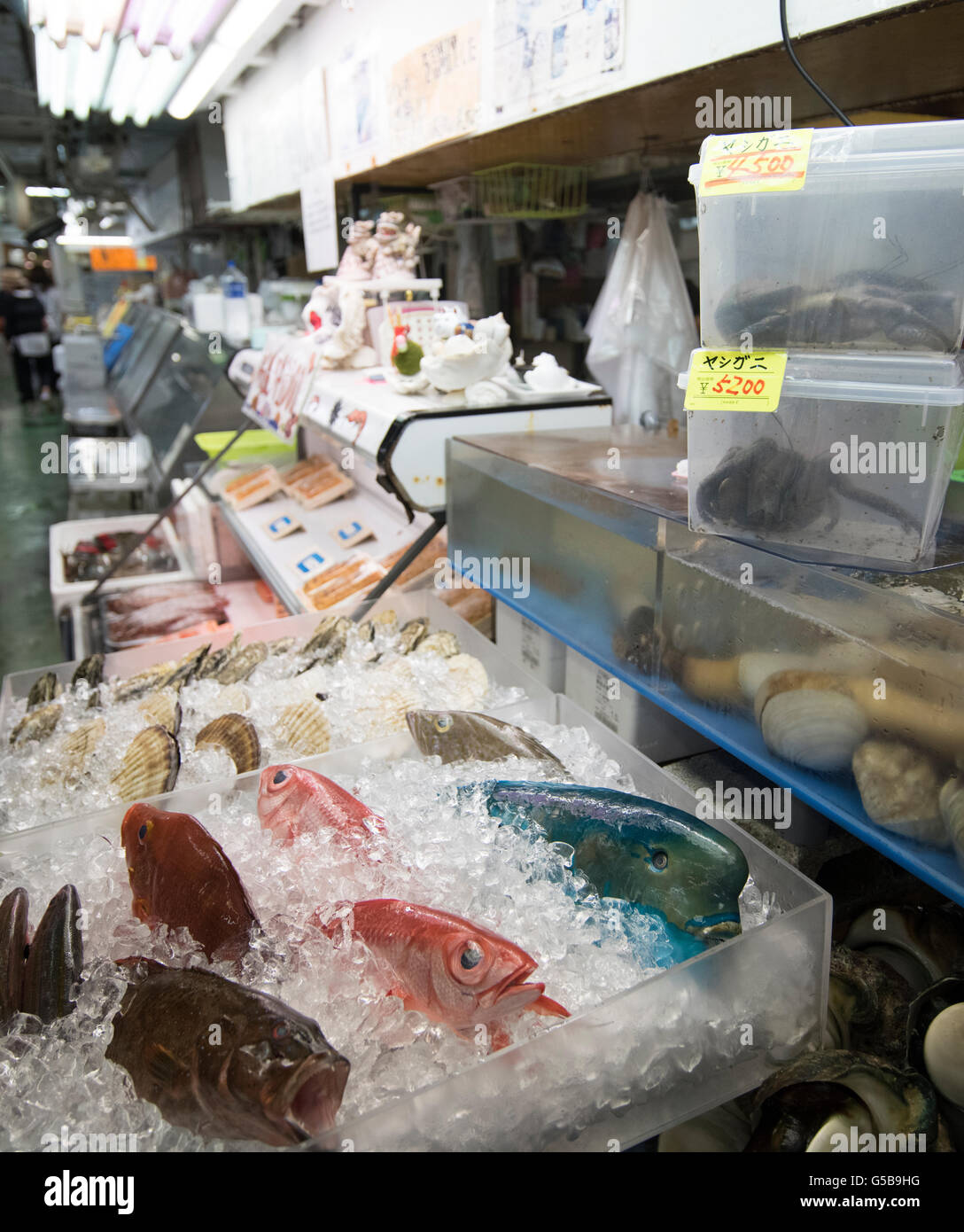 Les poissons, les palourdes et les crabes de cocotier en vente à Makishi Public Market, de la ville de Naha, Okinawa, Japon Banque D'Images