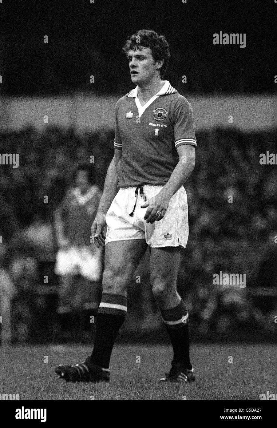 Man Utd Kevin Moran 1980. Kevin Moran, joueur de Manchested United en 1980. Banque D'Images