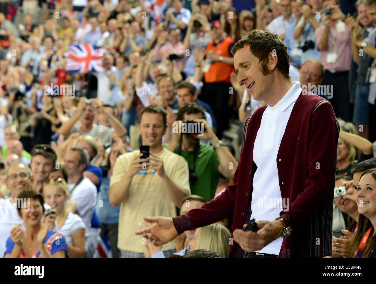 Jeux Olympiques de Londres - jour 7.Le Bradley Wiggins de Grande-Bretagne arrive au vélodrome pendant le septième jour des Jeux Olympiques au Velodrome, Londres. Banque D'Images