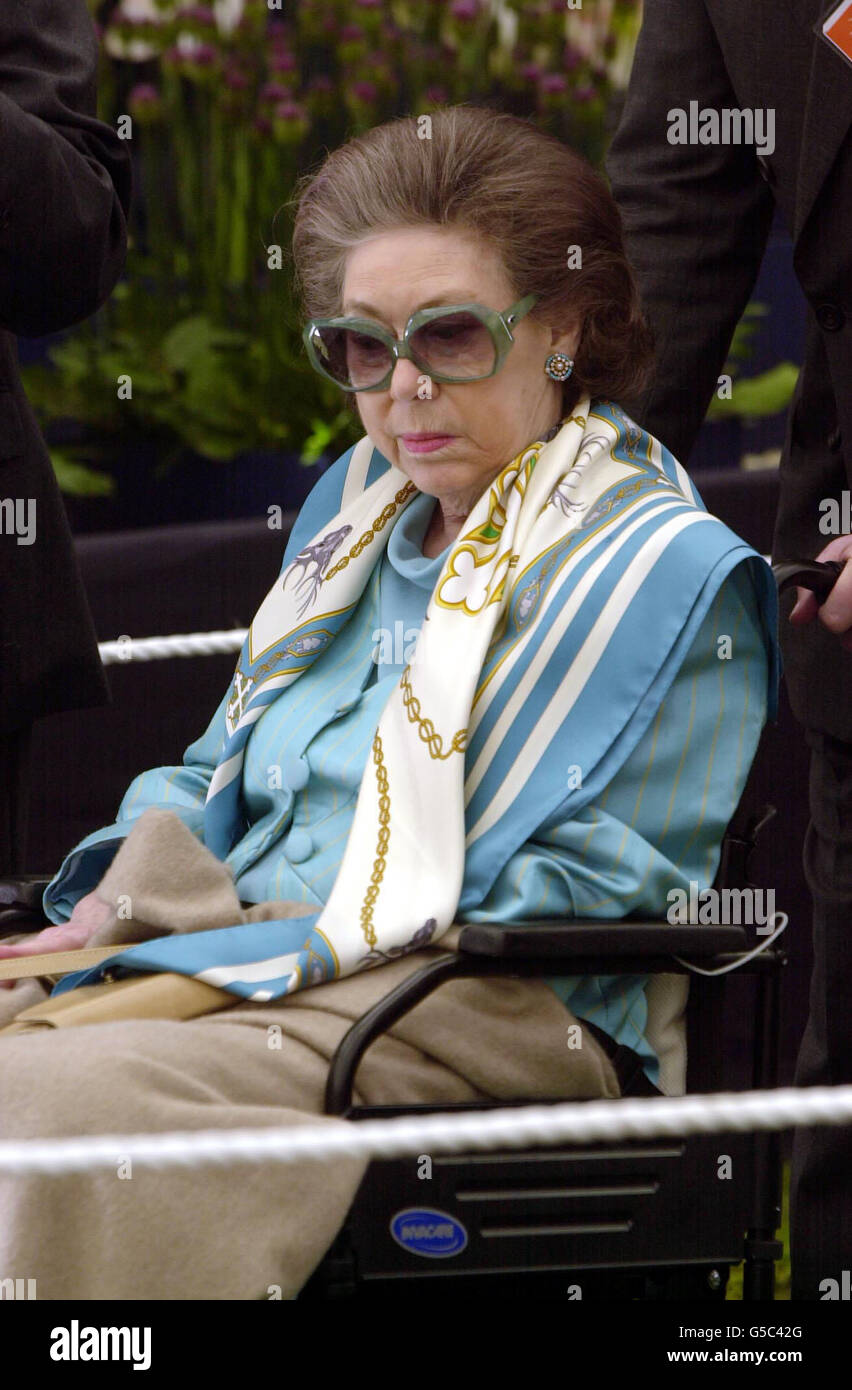 La princesse Margaret, regardant fragile après une série de coups, étant poussée au Chelsea Flower Show en fauteuil roulant. La sœur de la reine, âgée de 70 ans, est arrivée à une porte latérale tandis que d'autres membres de la famille royale ont été accueillis à l'entrée principale. *... du spectacle de fleurs mondialement célèbre. C'était la première fois que Margaret avait été vue en public depuis qu'elle a quitté l'hôpital en janvier après avoir subi son deuxième accident vasculaire cérébral qui a touché son côté gauche. Depuis, elle a été touchée par un troisième AVC qui a altéré sa vision. Déterminé à ne pas manquer le spectacle de fleurs de Londres, Margaret portait des lunettes sombres et Banque D'Images