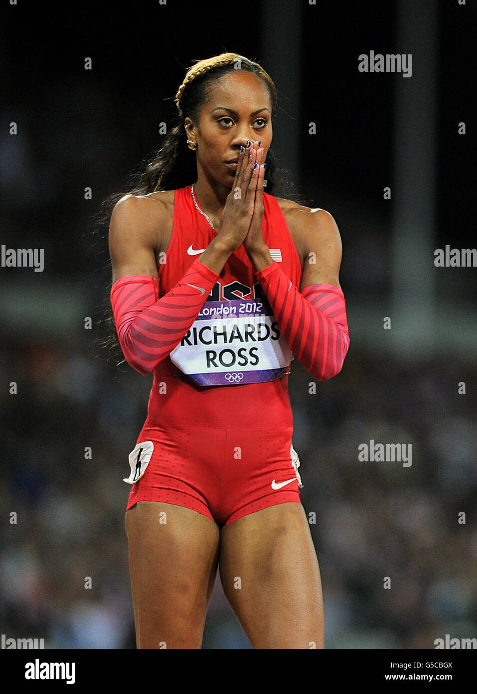 Jeux Olympiques de Londres - jour 9.Sanya Richards-Ross, aux États-Unis, après avoir remporté la médaille d'or lors de la finale féminine de 400 mètres au stade olympique de Londres. Banque D'Images