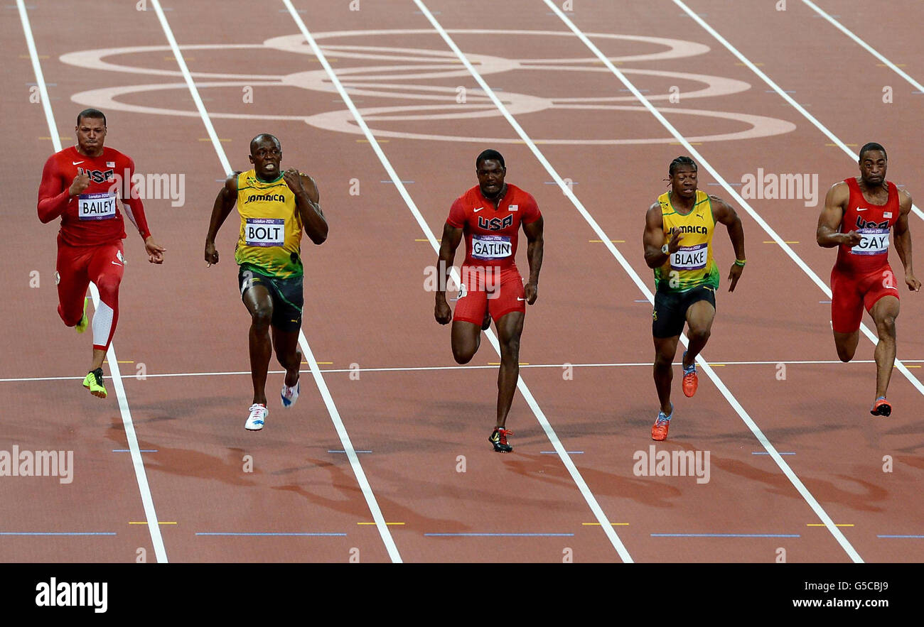 Jeux Olympiques de Londres - jour 9.Le Bolt Usain de la Jamaïque remporte la finale masculine de 100m le neuvième jour des Jeux Olympiques au stade olympique de Londres. Banque D'Images