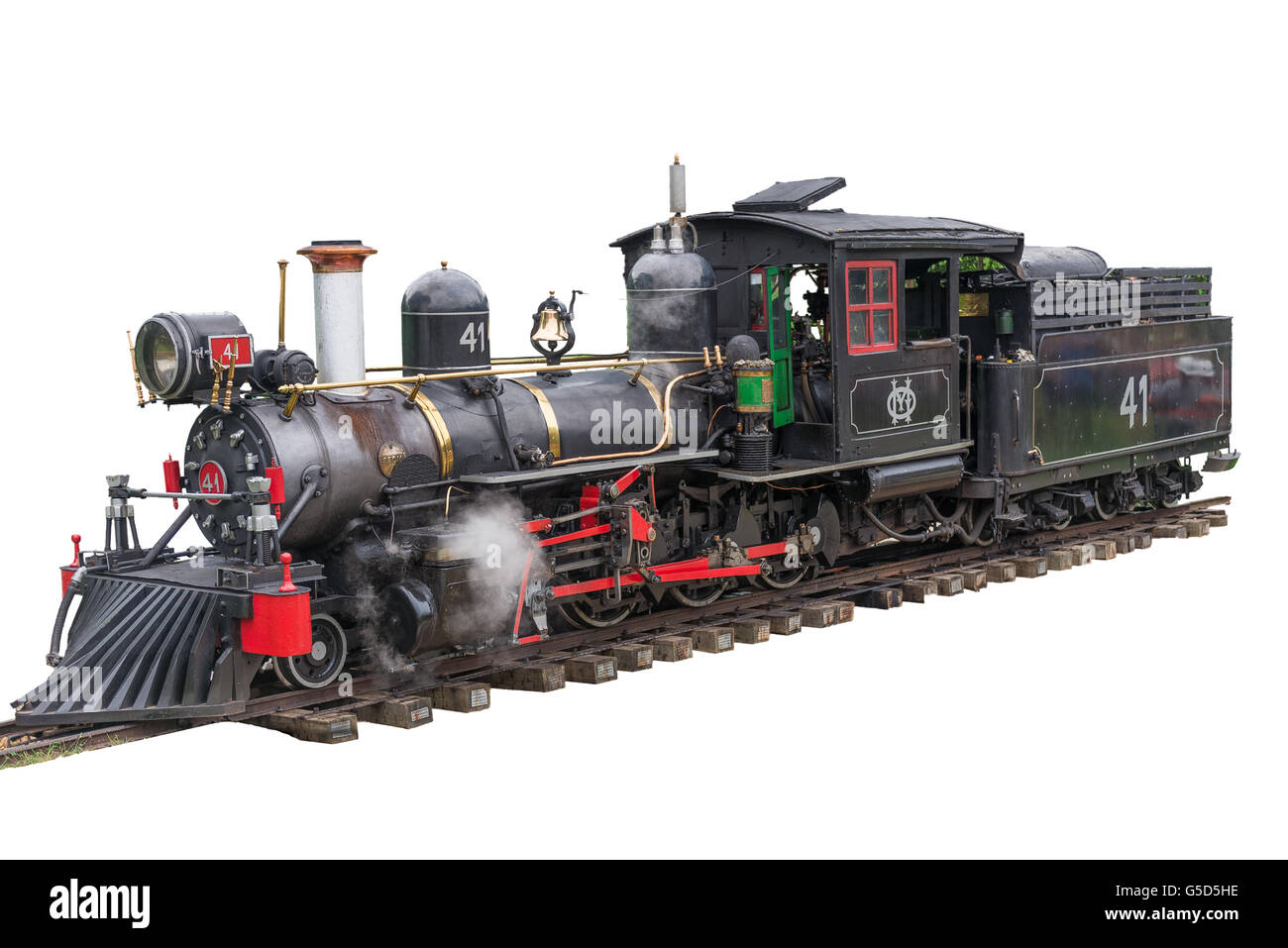 Old Mary train Fumée blanche sur fond isolé. Banque D'Images