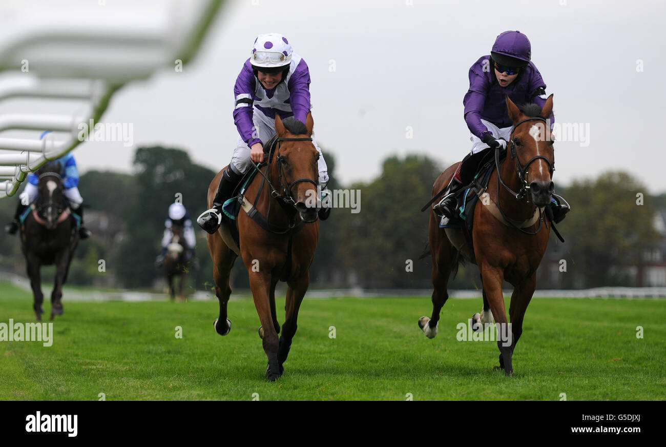 Little Chick (à droite), monté par AJ O'Neill, remporte la course Charles Owen Pony Race 138 cm et moins. Banque D'Images