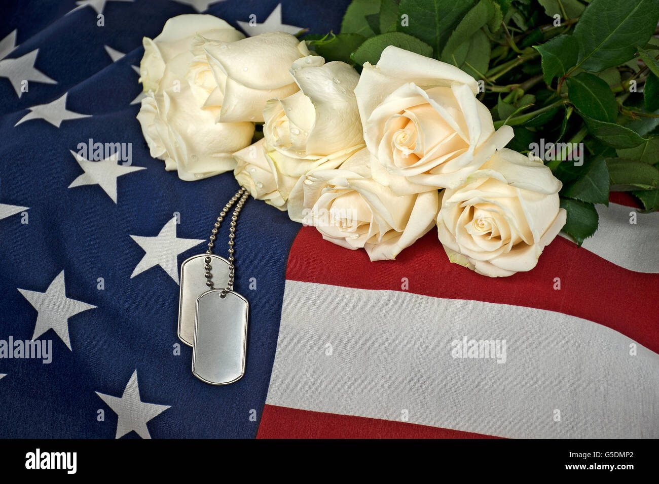 Bouquet de roses blanches et de chien militaire tags sur le drapeau américain. Banque D'Images