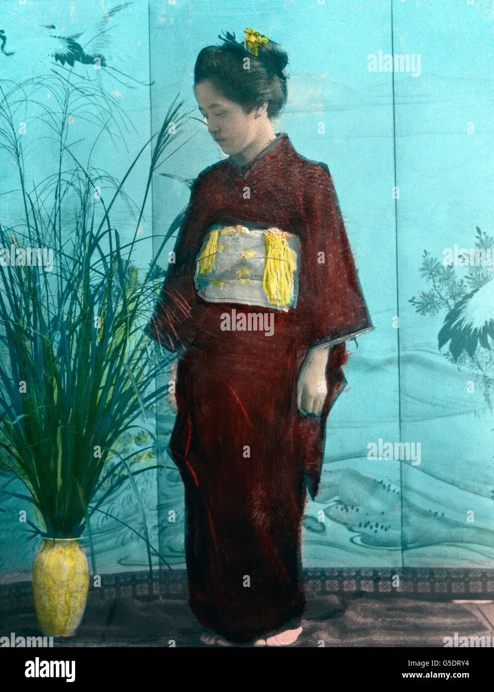 Ein junges Mädchen aus Japon, bekleidet mit dem l kimono. L'Asie, Japon, Asie, voyage, années 10, 20, 20e siècle, archive, Carl Simon, histoire, historique, Japonais, jeune fille, adolescente, de l'habillement, traditionnelle, de la mode, pose, pose, portrait, lame de verre colorée à la main Banque D'Images