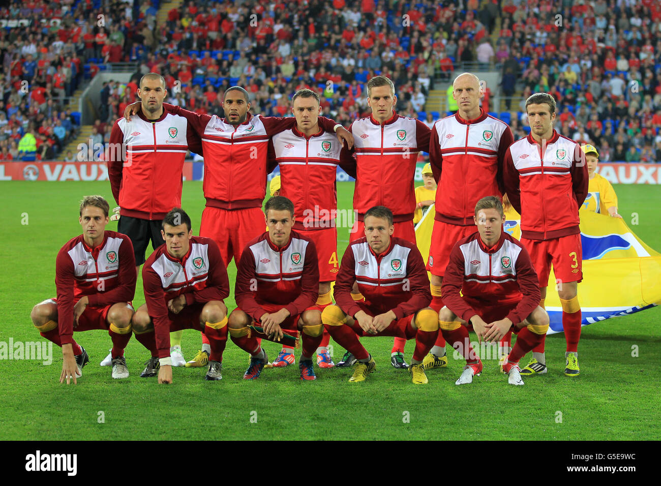 (Ligne supérieure de gauche à droite) Boaz Myhill, Ashley Williams, Darcy Blake, Steve Morison, James Collins, Adam Matthews. (Rangée inférieure gauche à droite) David Edwards, Gareth Bale, Aaron Ramsey, Chris Gunter, Simon Church Banque D'Images