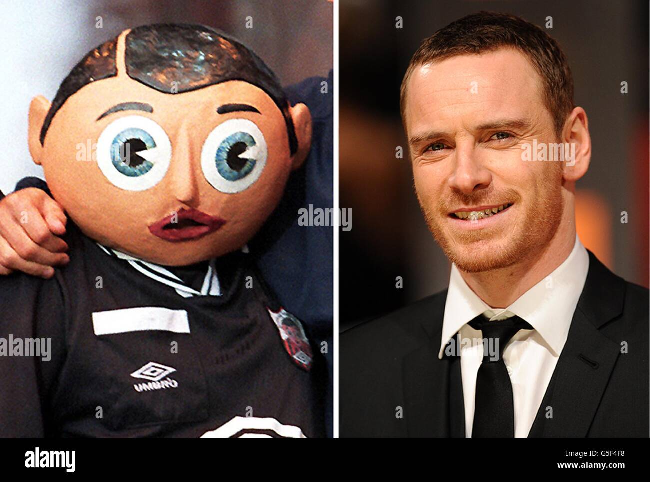 Des photos de Frank Sidebottom (à gauche) et de Michael Fassbender qui s'est inscrit pour jouer le personnage de Frank, un nouveau film inspiré de la création de bande dessinée excentrique à tête de paper. Banque D'Images