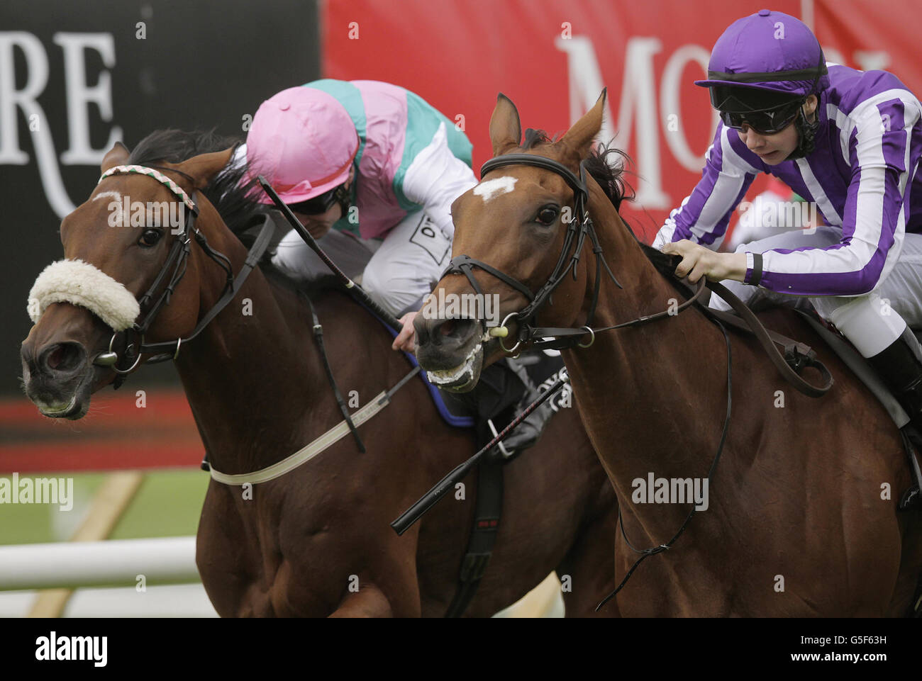 Monté par le jockey Joseph O'Brien (à droite) sur son chemin pour gagner les irrésistibles Jewel Blandford Stakes pendant la journée des piquets de Moyantireflet au Curragh Racecourse, Co Kildare, Irlande. Banque D'Images