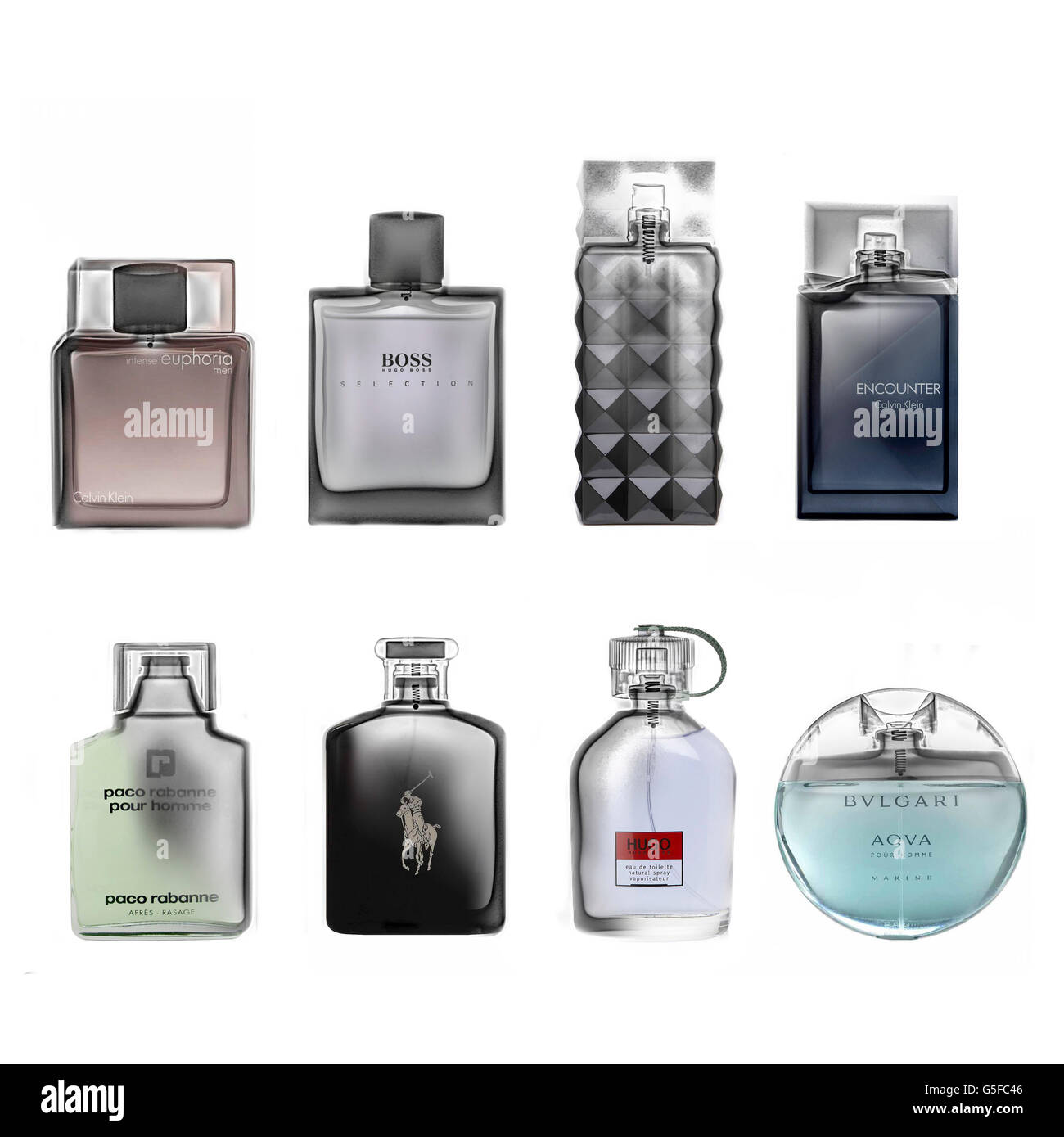 Diverses bouteilles de parfum sous x-ray Banque D'Images