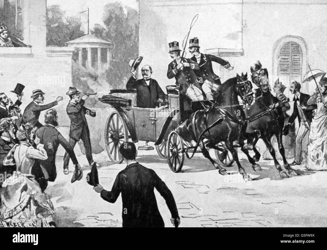 Bismarck, Otto von, 1.4.1815 - 30.7.1898, homme politique allemand, chancelier de l'Empire allemand 4.5.1871 - 20.3.1890, le meurtre d'Eduard attaque Kühlmann, Kissingen, 13.7.1874, gravure sur bois, contemporain de l'artiste n'a pas d'auteur pour être effacé Banque D'Images