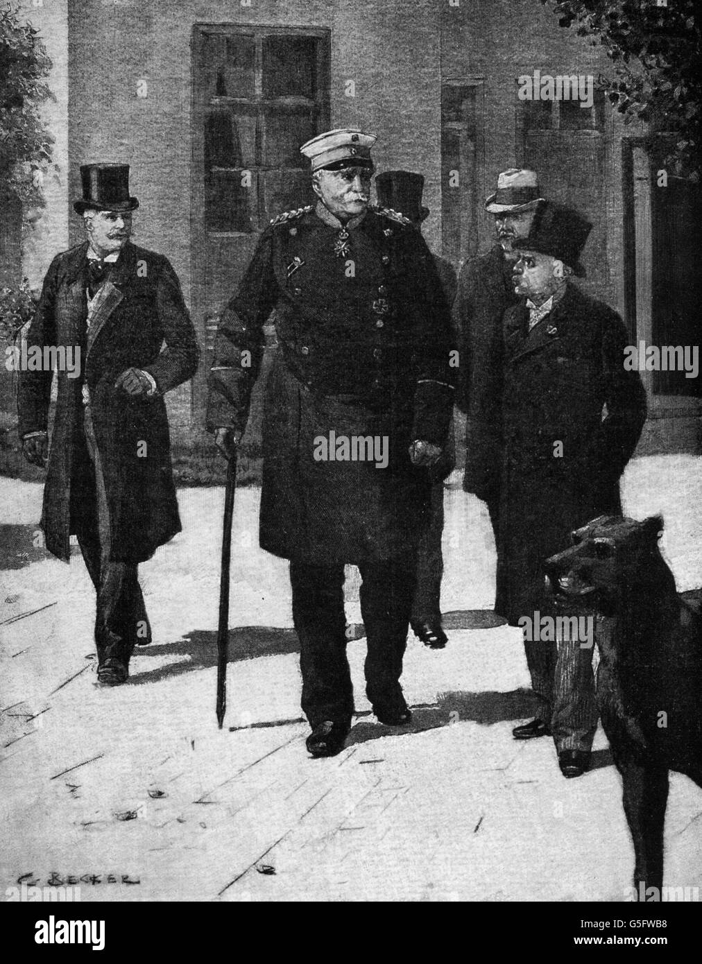 Hohenlohe-Schilingfuerst, Prince de Chlodwig, 31.3.1819 - 6.7.1901, politicien allemand (à droite), Chancelier de l'Empire allemand 29.10.1894 - 17.10.1900, avec Bernhard von Buelow (à gauche), en visite à Otto von Bismarck (au centre), Friedrichsruh, 28.7.1897, bois après dessin de C. Becker, Banque D'Images