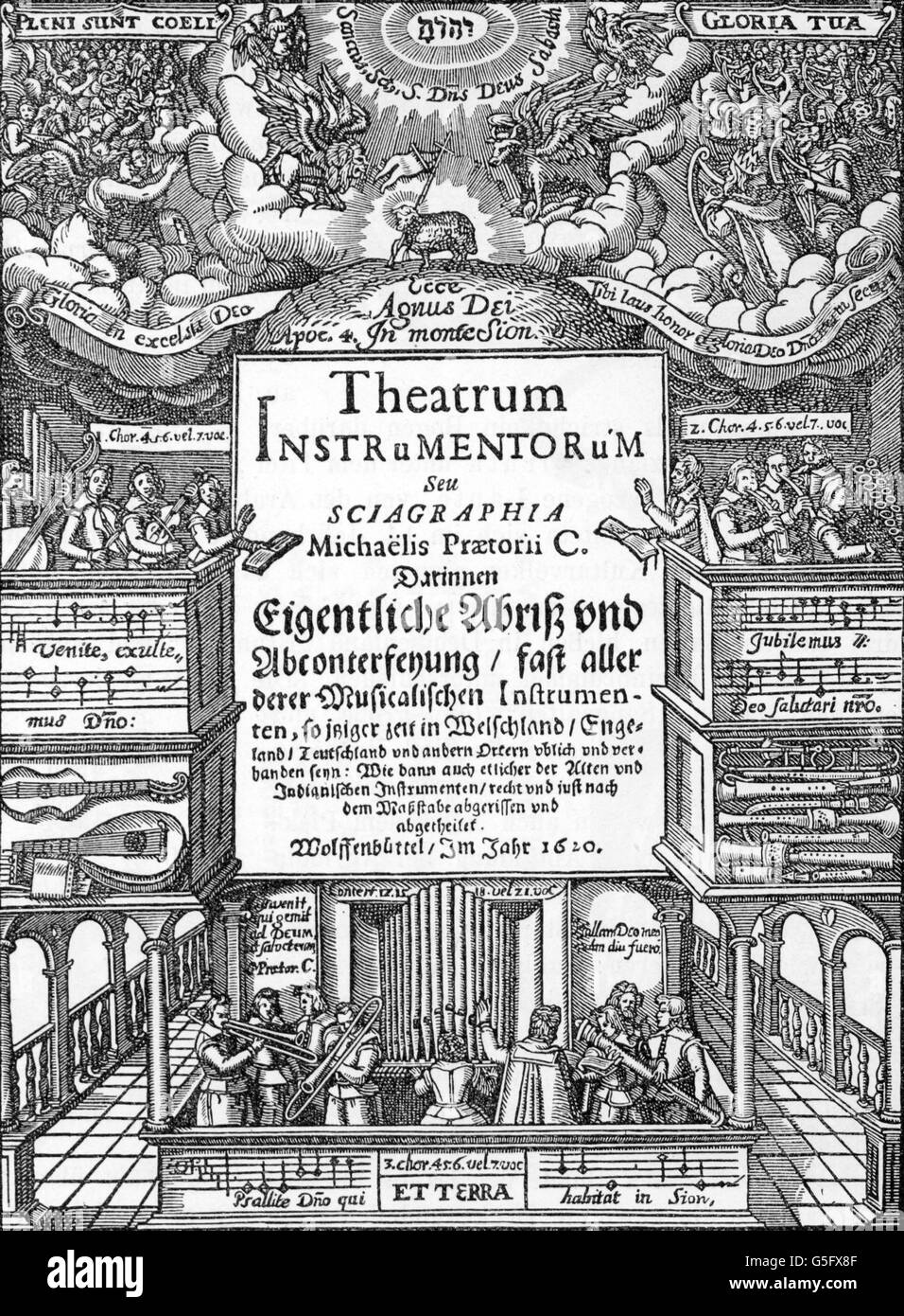 Praetorius, Michael, 15.2.1571 - 15.2.1621, compositeur et érudit allemand, oeuvres, 'Theatrum instrumentir', page de titre, Wolfenbuettel, 1620, Banque D'Images