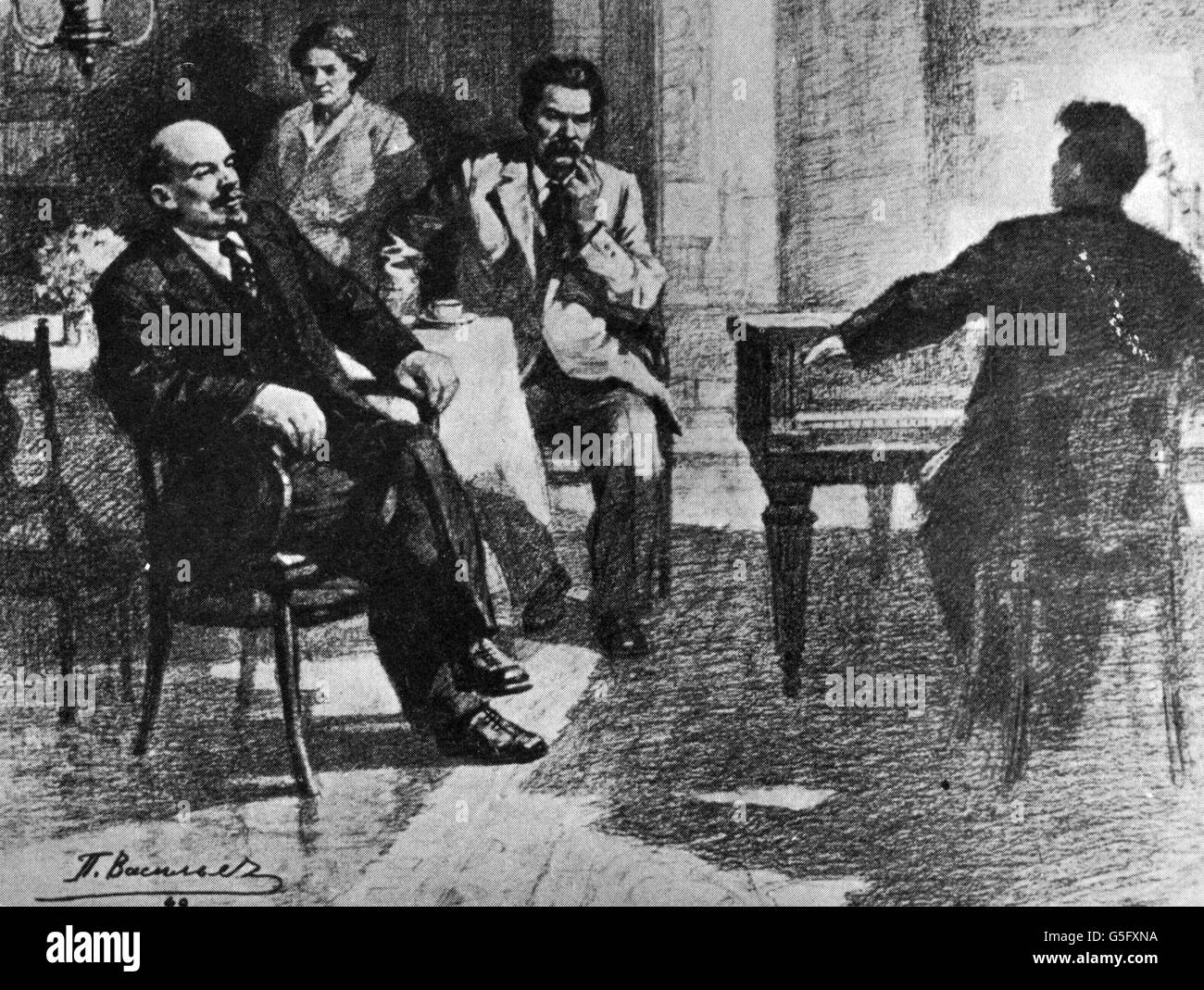 Lénine (Vladimir Ilyich Ulyanov), 22.4.1870 - 21.1.1924, politicien russe, demi-longueur, avec Maksim Gorky, écoutant 'Apassionata' de Beethoven, dessin par Pyotr Vasilyev (1889 - 1975), 1940, Banque D'Images