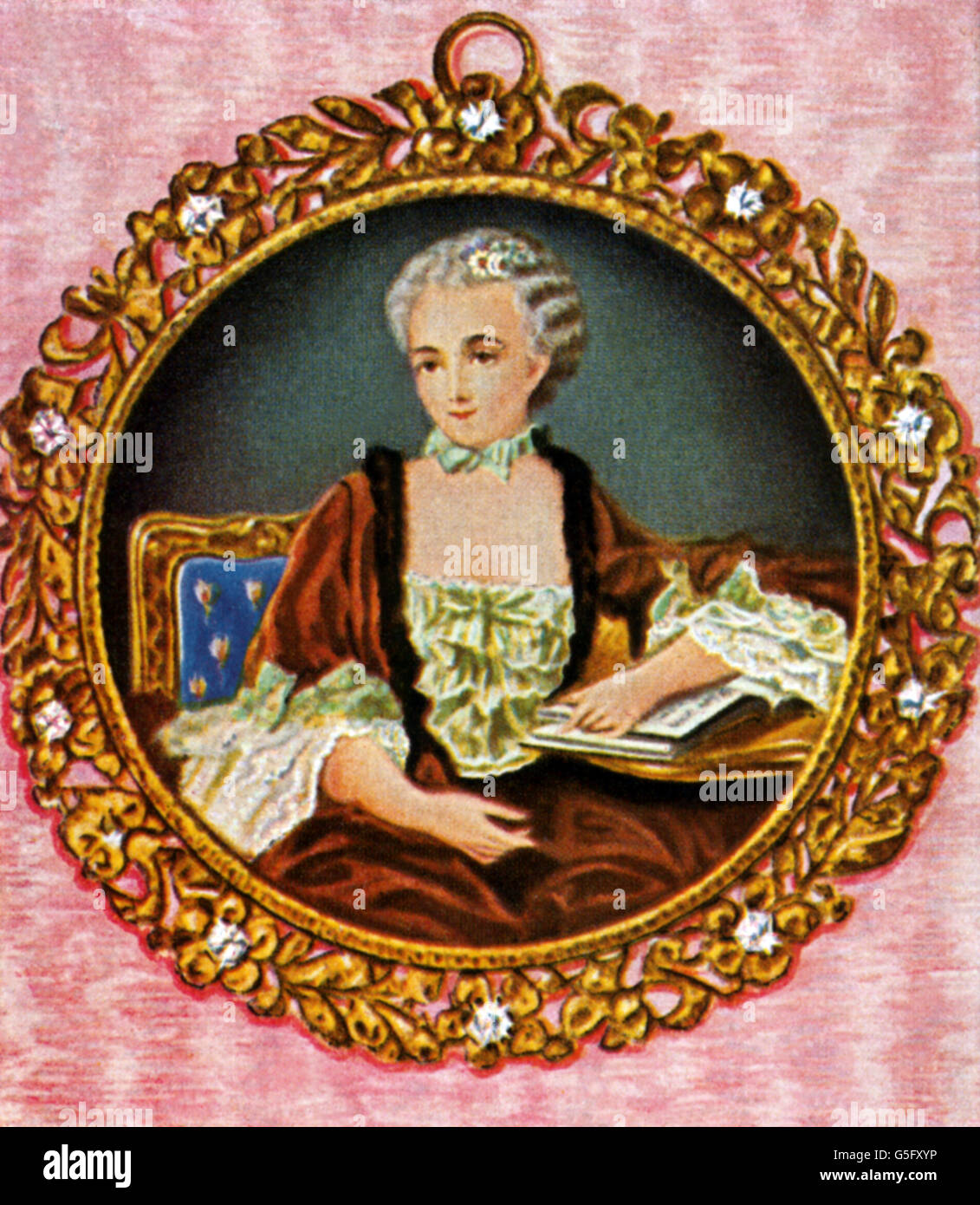 Pompadour, Jeanne-Antoinette Poisson, Marquise De, 29.12. 1721 - 15.4.1764, Maitresse du roi Louis XV de France 1745 - 1751, portrait, imprimé après miniature contemporaine, carte à cigarettes, Allemagne, 1933, Banque D'Images