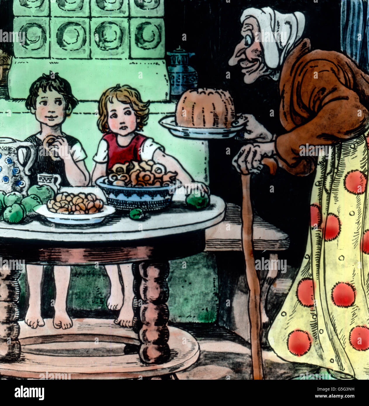 Hänsel und Gretel. Hansel et Gretel. histoire, historique, années 10, 20, 20e siècle, archive, Carl Simon, coloriés à la main lame en verre, conte de fées, Frères Grimm, légende, mythe, garçon, fille, frère, sœur, femme, sorcière, vieille, manger, l'alimentation, de gâteaux, de fruits Banque D'Images