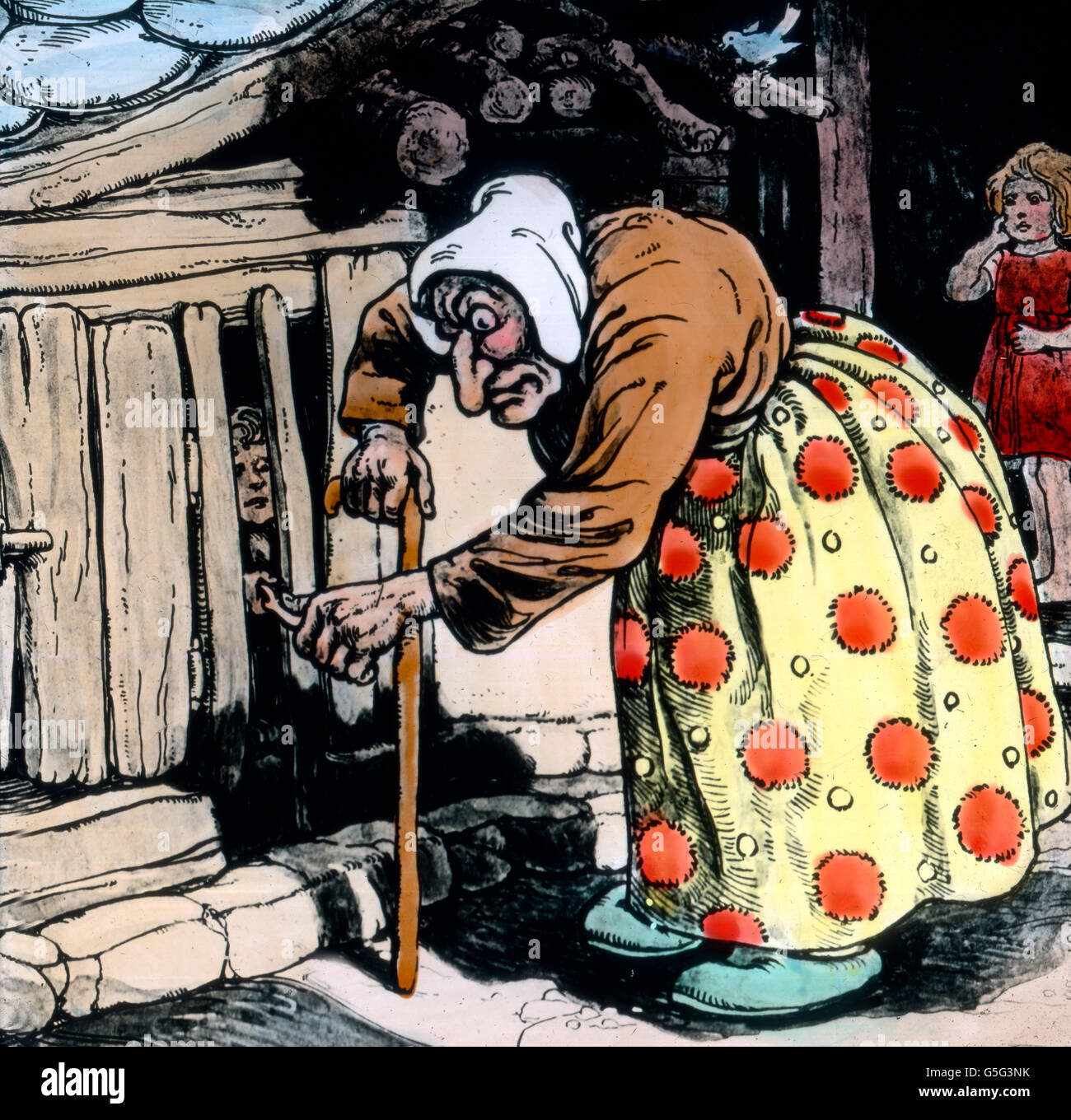 Hänsel und Gretel. Hansel et Gretel. histoire, historique, années 10, 20, 20e siècle, archive, Carl Simon, coloriés à la main lame en verre, conte de fées, Frères Grimm, légende, mythe, garçon, fille, frère, sœur, femme, sorcière, vieille, cage, l'os, contrôle, féroce Banque D'Images