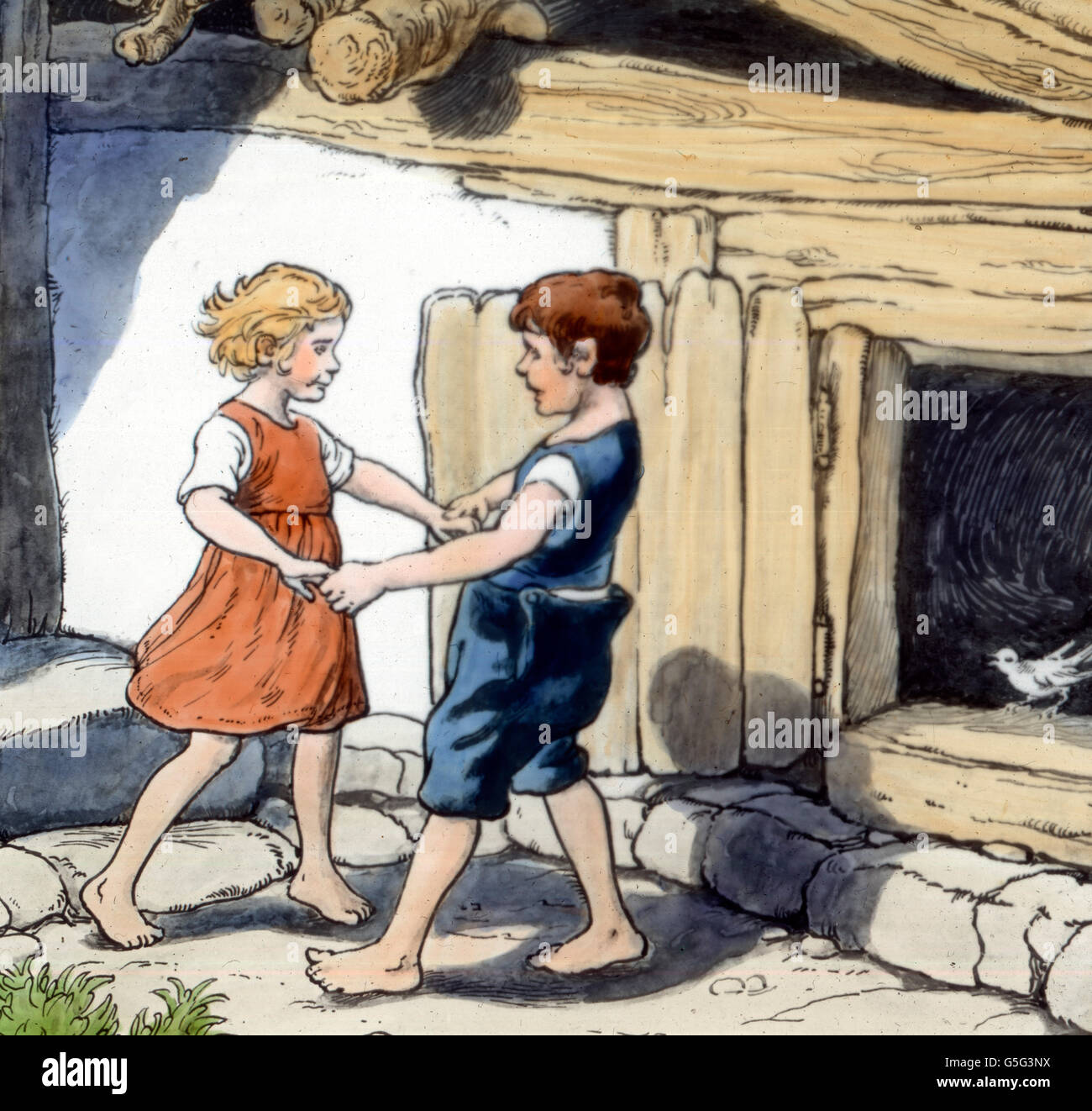 Hänsel und Gretel. Hansel et Gretel. histoire, historique, années 10, 20, 20e siècle, archive, Carl Simon, coloriés à la main lame en verre, conte de fées, Frères Grimm, légende, mythe, garçon, fille, frère, sœur, danse, bonheur, heureux, heureux fin Banque D'Images