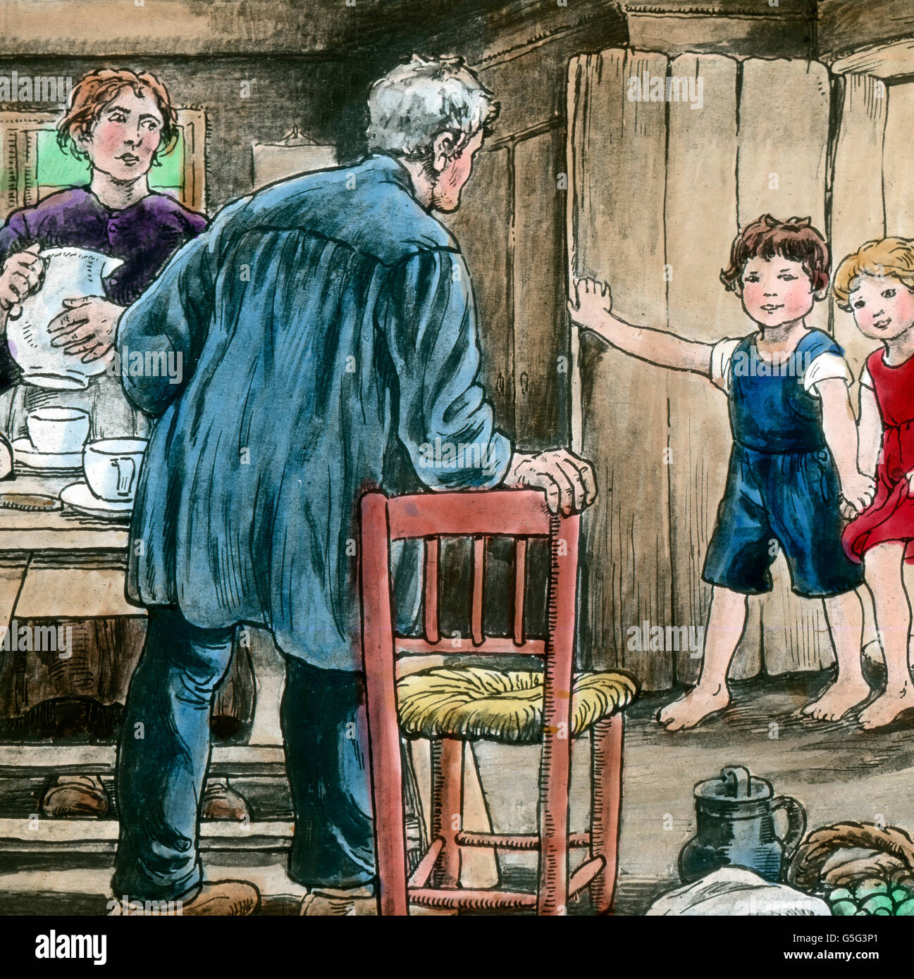 Hänsel und Gretel. Hansel et Gretel. histoire, historique, années 10, 20, 20e siècle, archive, Carl Simon, coloriés à la main lame en verre, conte de fées, Frères Grimm, légende, mythe, garçon, fille, frère, sœur, frères, sœurs, parents, famille, le retour à la maison, retour aux sources, de retour à la maison, porte, table, père, mère, le bonheur, l'heureux Banque D'Images