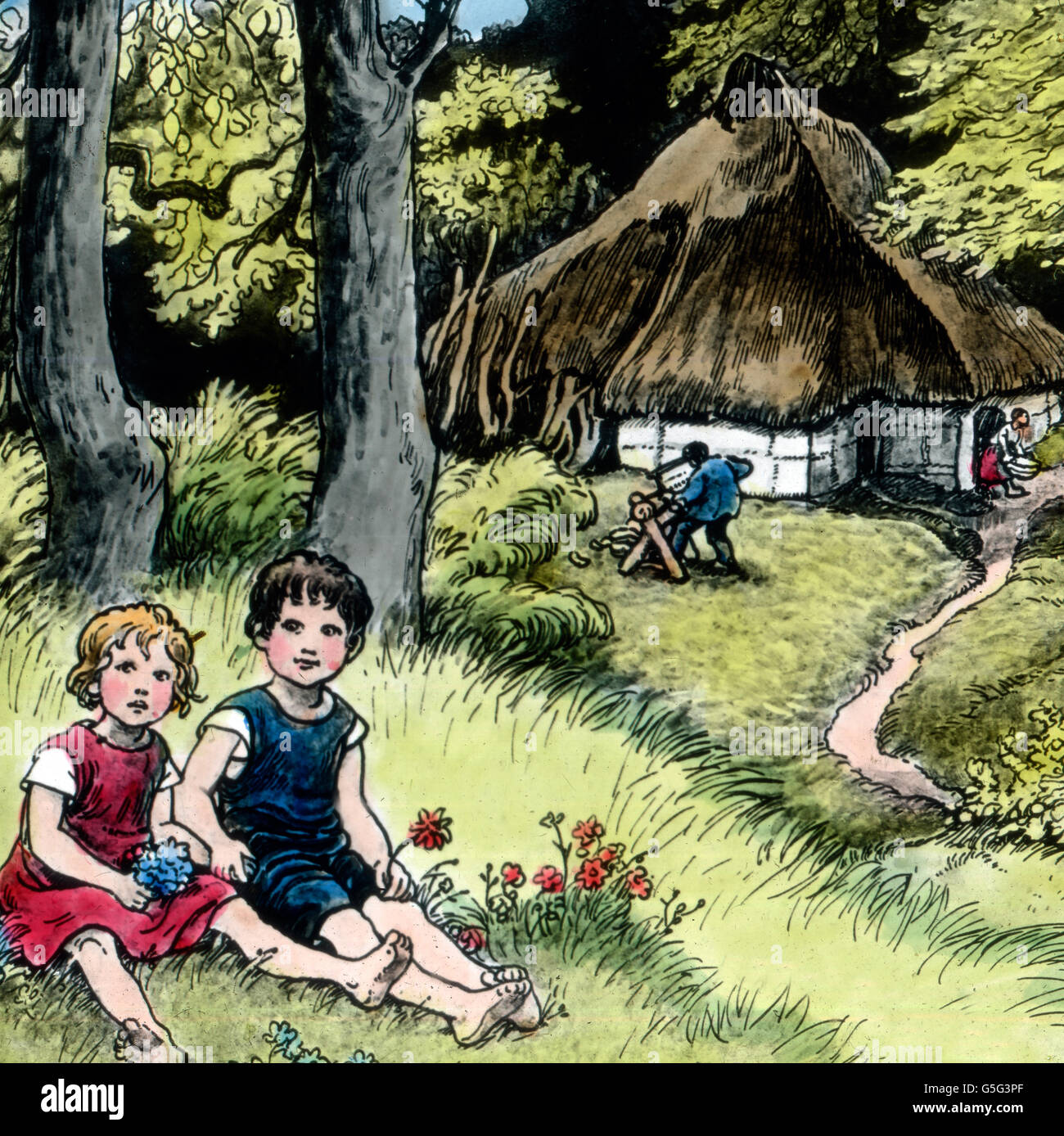 Hänsel und Gretel. Hansel et Gretel. histoire, historique, années 10, 20, 20e siècle, archive, Carl Simon, coloriés à la main lame en verre, conte de fées, Frères Grimm, légende, mythe, garçon, fille, frère, sœur, frères, sœurs, parents, famille, travail, de jeu, assis, Banque D'Images