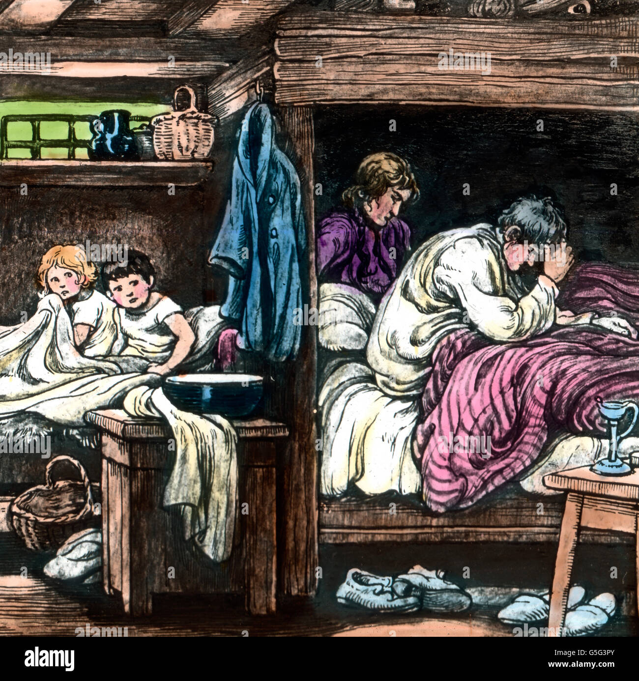 Hänsel und Gretel. Hansel et Gretel. histoire, historique, années 10, 20, 20e siècle, archive, Carl Simon, coloriés à la main lame en verre, conte de fées, Frères Grimm, légende, mythe, garçon, fille, frère, sœur, frères, sœurs, parents, famille, douleur, sommeil, lit, chambre à coucher, la pauvreté, les pauvres, père, mère, Banque D'Images