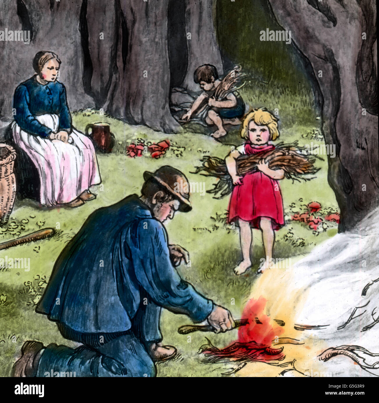 Hänsel und Gretel. Hansel et Gretel. histoire, historique, années 10, 20, 20e siècle, archive, Carl Simon, coloriés à la main lame en verre, conte de fées, Frères Grimm, légende, mythe, garçon, fille, frère, sœur, parents, forêt, bois, feu, faisant, arbres Banque D'Images