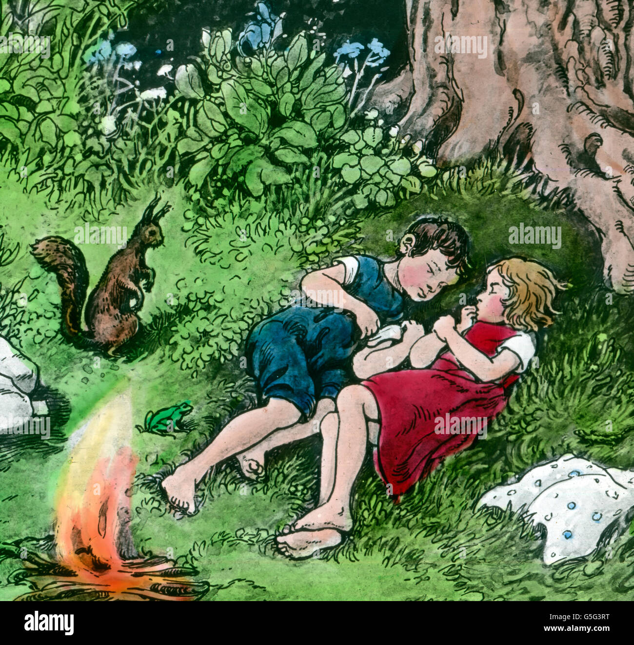 Hänsel und Gretel. Hansel et Gretel. histoire, historique, années 10, 20, 20e siècle, archive, Carl Simon, coloriés à la main lame en verre, conte de fées, Frères Grimm, légende, mythe, garçon, fille, frère, sœur, parents, forêt, bois, feu, de fabriquer, d'arbres, écureuil mignon, dormir Banque D'Images