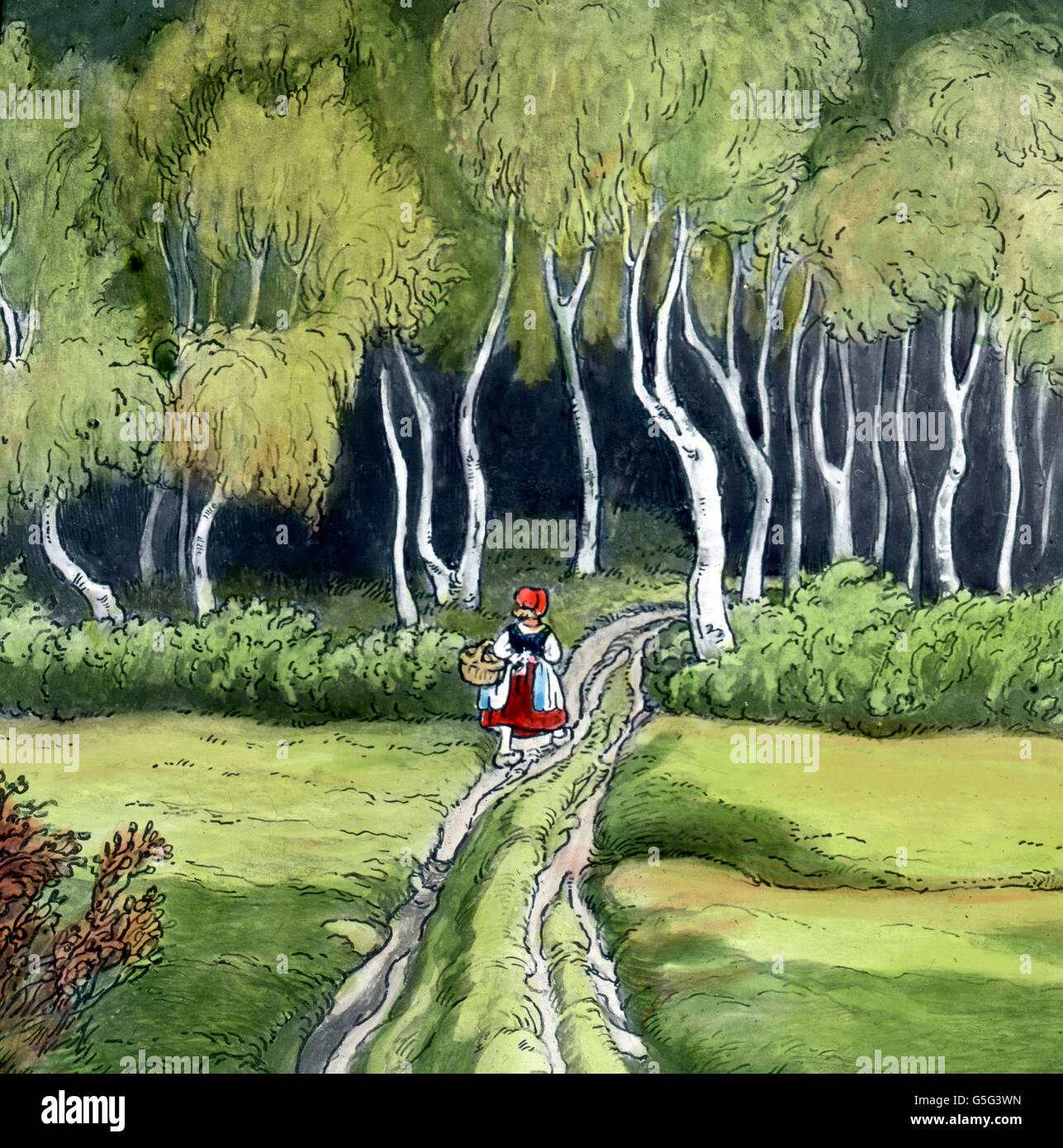 Rotkäppchen und der c'Wolf. Le Petit Chaperon Rouge. L'histoire, historique, années 10, 20, 20e siècle, archive, Carl Simon, coloriés à la main lame en verre, conte de fées, Frères Grimm, légende, mythe, bois, forêt, fille, enfant, panier, sombre et profonde Banque D'Images
