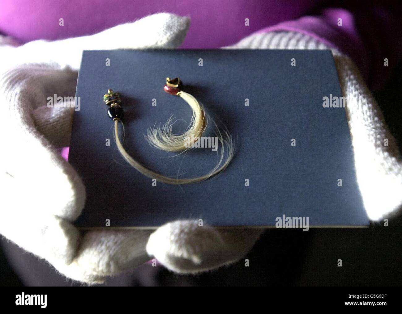 Deux écluses des cheveux de Robert Devereux, 2e comte d'Essex, montées comme boucles d'oreilles dans le cadre de l'exposition du comte d'Essex à la Tour de Londres dans le centre de Londres. *... L'exposition du comte exécuté, a lieu pour marquer le 400e anniversaire de sa mort. Les boucles d'oreilles sont prêtées par le Victoria and Albert Museum/National Trust. Banque D'Images