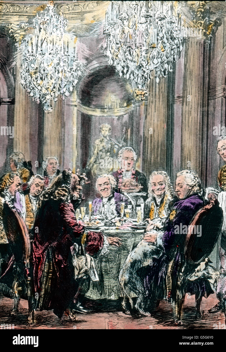 Tafelrunde de Sanssouci. Société à table au château de Sanssouci. La Prusse, roi de Prusse, Frédéric II,, des hommes, des amis, de boire, de table, assis, rire, alcool, drogue, histoire, historique, années 10, 20, 20e siècle, archive, Carl Simon, lame de verre colorée à la main Banque D'Images