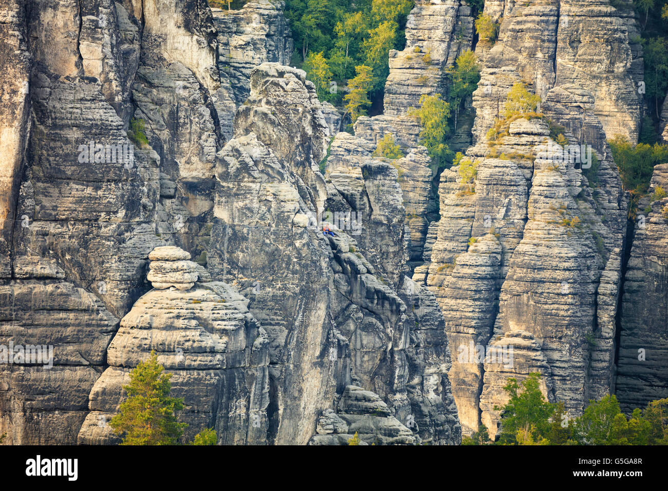 La Suisse saxonne parc national. petit grimpeur sur le rocher, Allemagne Banque D'Images