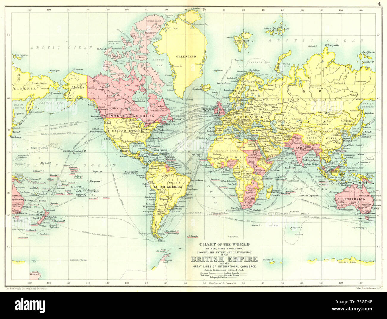 EMPIRE BRITANNIQUE : Graphique Mercators projection (rose). Le commerce international, 1909 map Banque D'Images