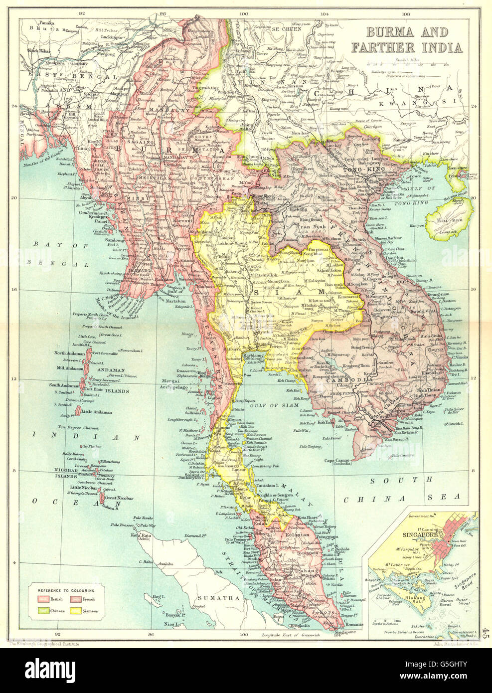 Indochine:Birmanie Siam Thaïlande Vietnam Indochine française ; Singapour, 1909 map Banque D'Images