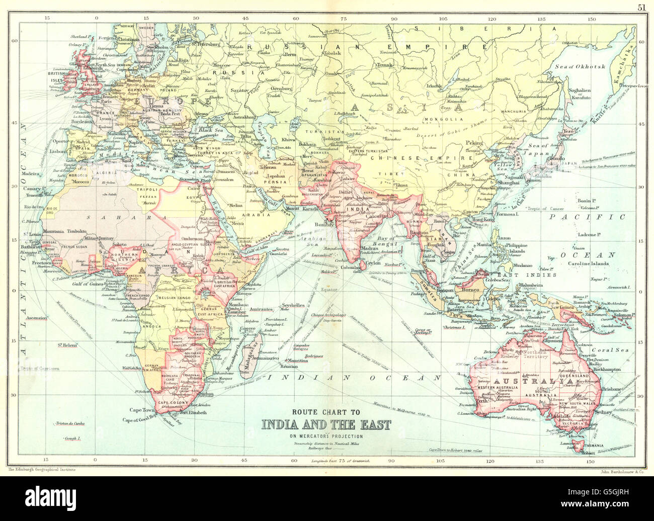 Route de l'Empire britannique en Inde graphique, Extrême-Orient, en Australie et Nouvelle Zélande, 1909 map Banque D'Images