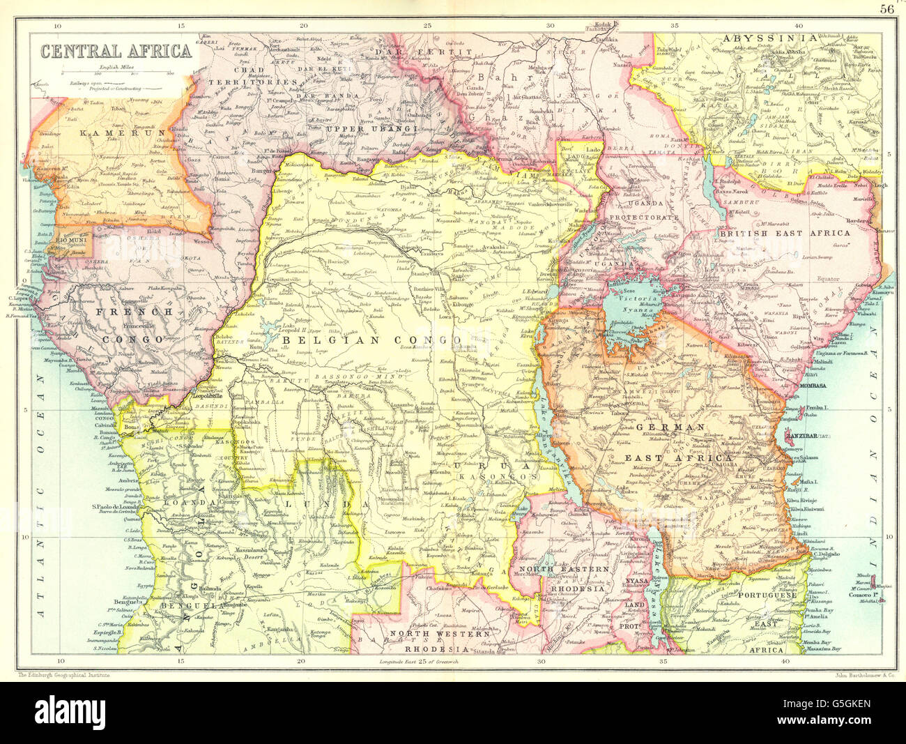 Le centre de l'Afrique Congo Belge Français Allemand Anglais Kenya Tanzanie, 1909 map Banque D'Images