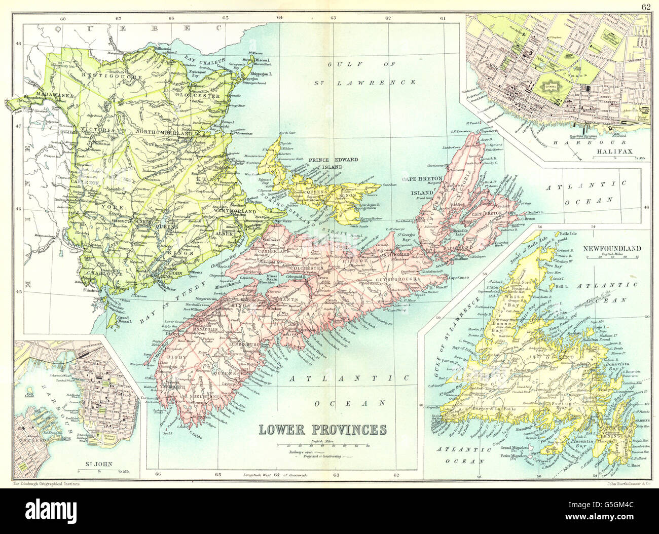 CANADA : Nouveau-Brunswick Nouvelle-Écosse ; St John, Halifax ; Terre-Neuve, 1909 map Banque D'Images