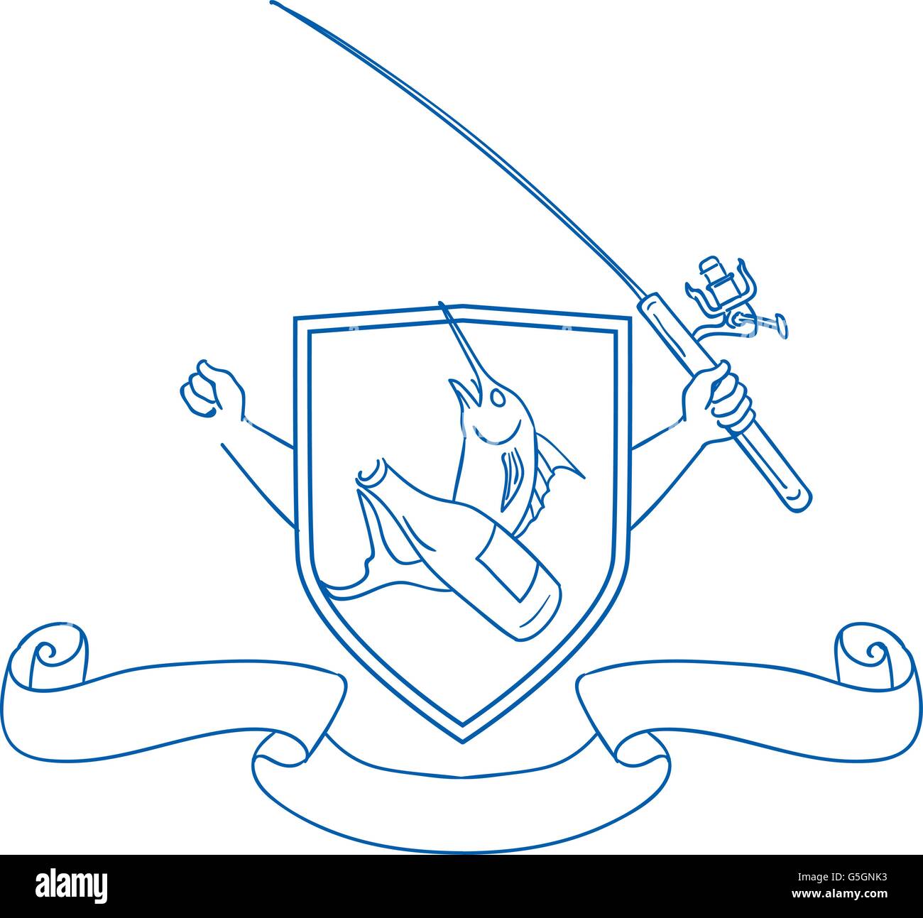 Croquis dessin illustration style de main tenant la canne à pêche et le moulinet de brancher une bouteille de bière et le makaire bleu avec du poisson de mer profonde Illustration de Vecteur