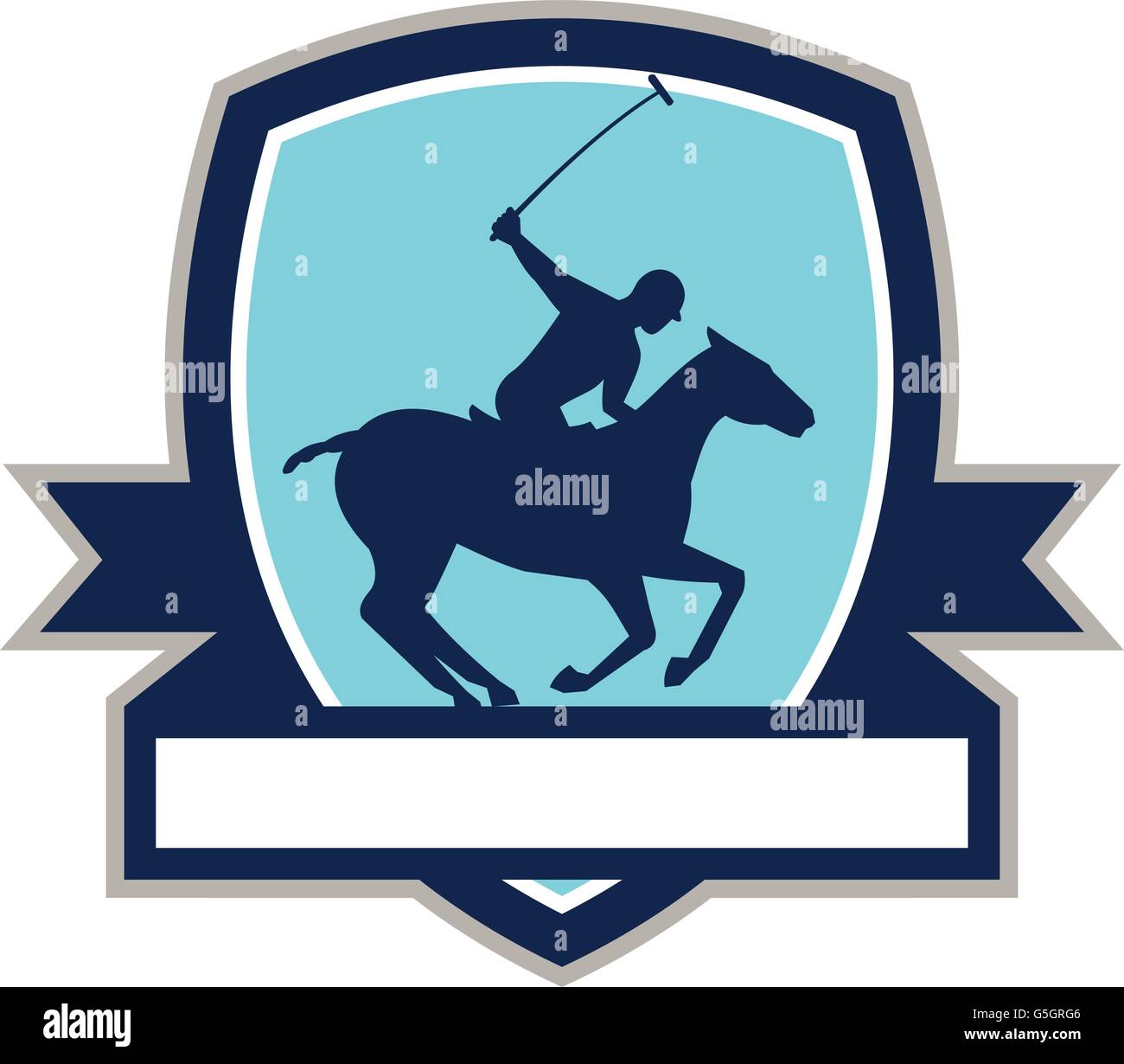 Illustration d'un joueur de polo équitation cheval avec stick polo mallet vu du côté situé à l'intérieur de la crête du bouclier avec ruban sur fond isolé fait dans le style rétro Illustration de Vecteur