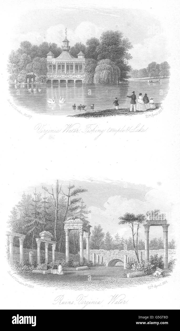 SURREY : Virginia Water Temple de la pêche et du lac ; ruines Virginia Water, 1852 imprimer Banque D'Images