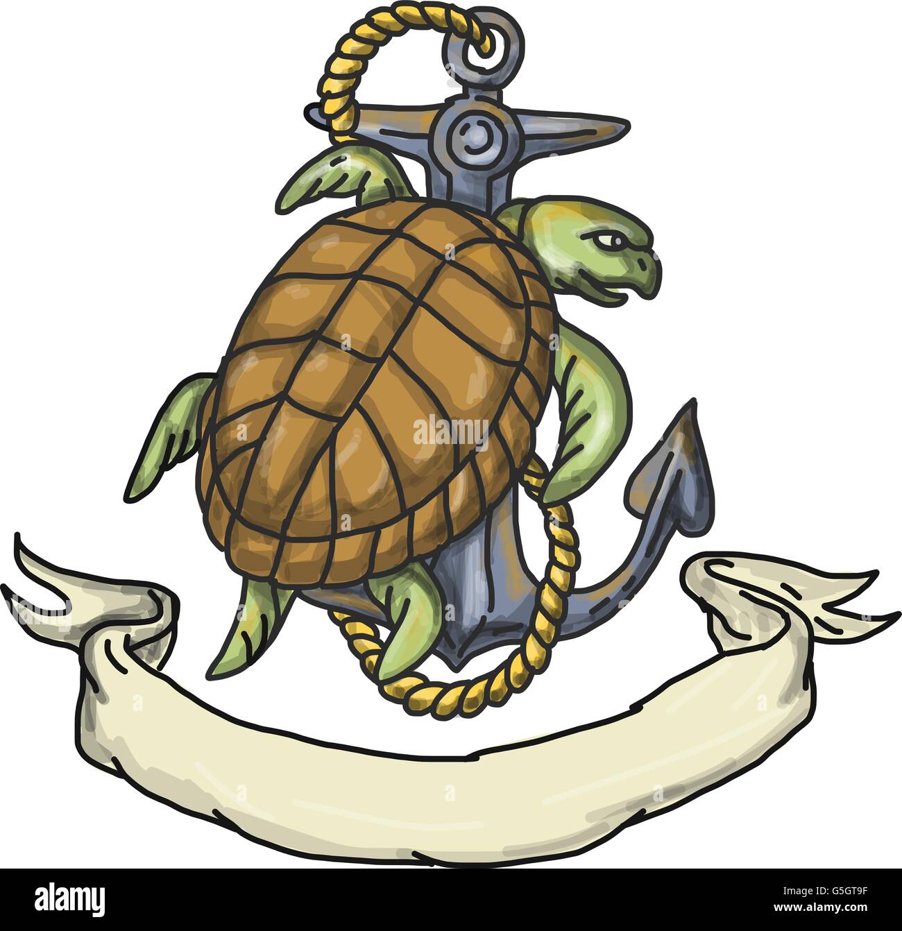 Style croquis dessin illustration d'une tortue de Kemp Lepidochelys kempii tortue de mer ou l'escalade sur le bateau ancre avec corde vue Illustration de Vecteur