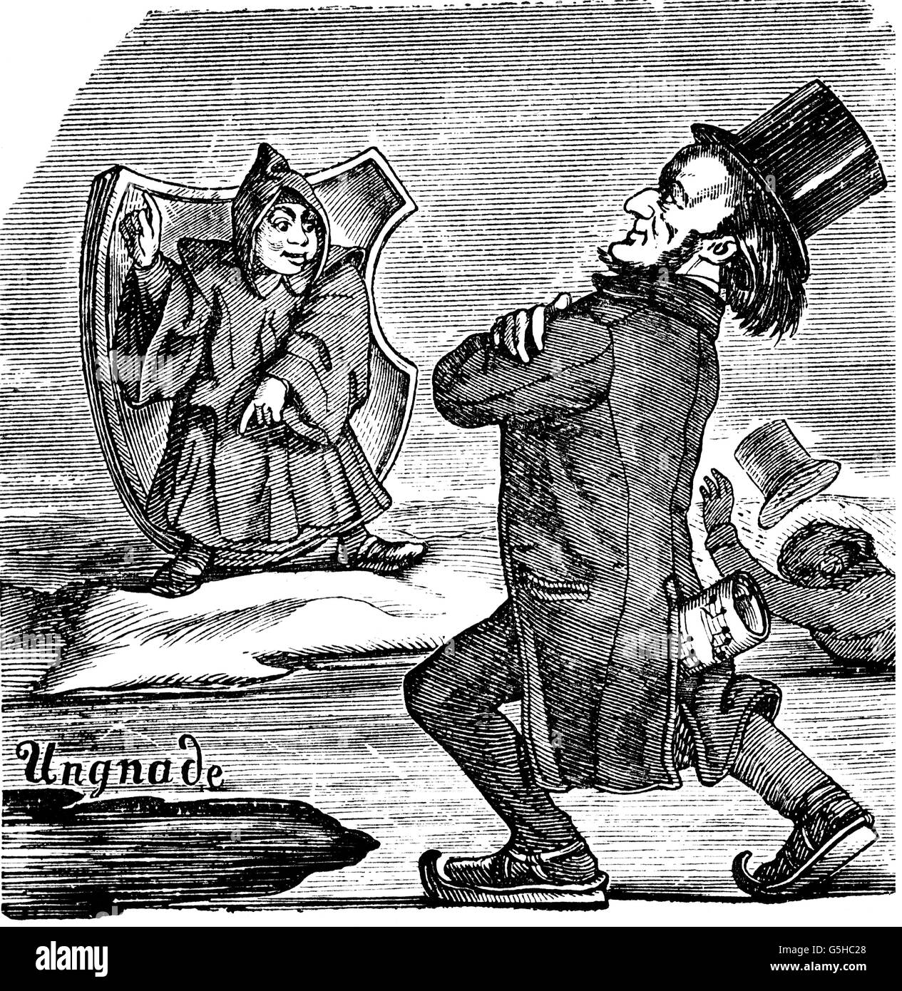Wagner, Richard, 22.5.1813 - 13.2.1883, musicien allemand (compositeur), pleine longueur, caricature "un sur la glace", l'enfant de Munich met en garde contre le trou de disgrâce, hors de: "Punch", Munich, Allemagne, 1865, Banque D'Images