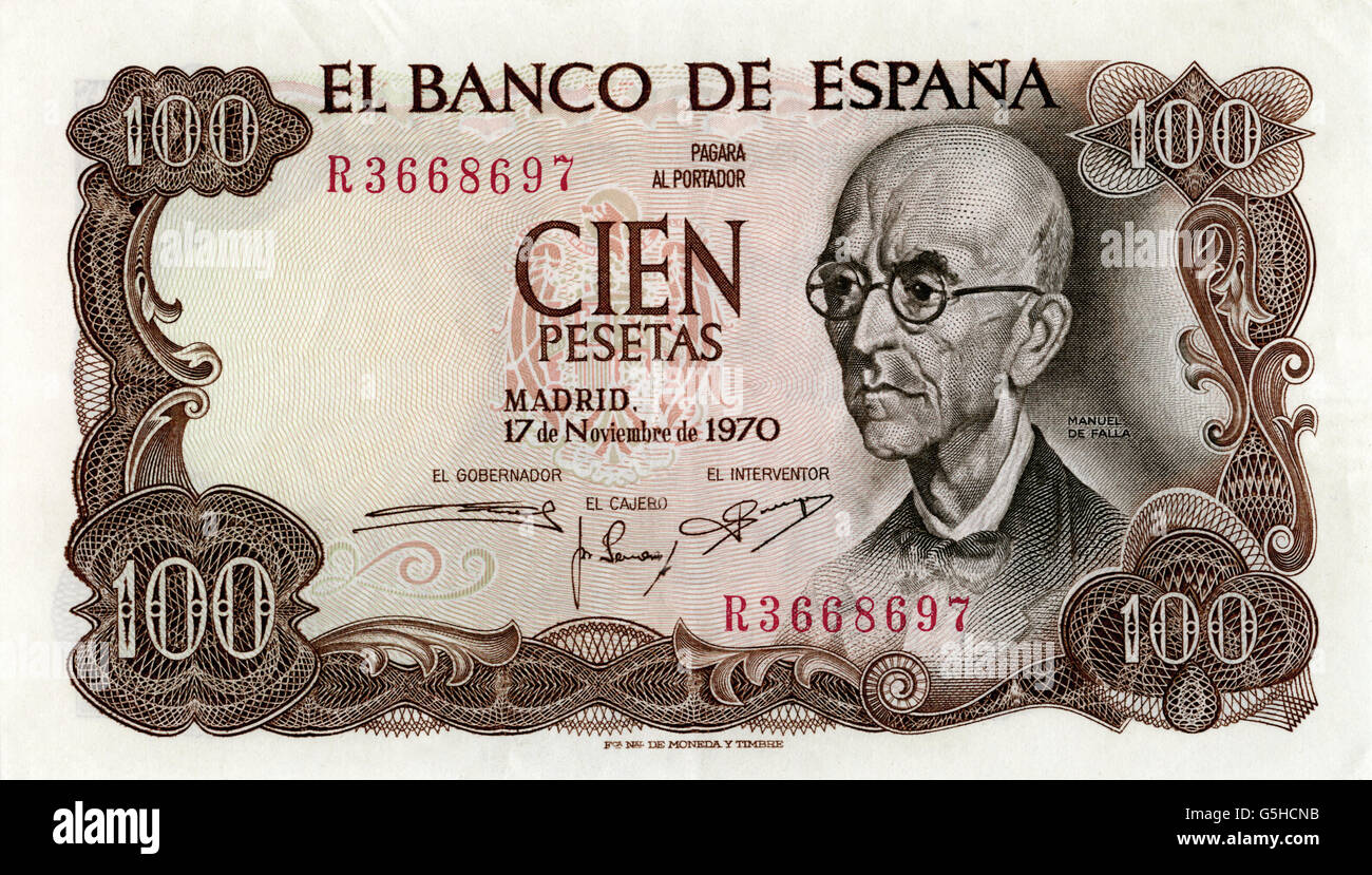 Monnaie / finances, billets, Espagne, billet de banque environ 100 peseta, numéro R3668697, portrait de Manuel de Fla, Banco de Espana, Madrid, 17.11.1970, peseta, cent, centaines, papier monétaire, change, moyens financiers, ressources substantielles, finances, devises étrangères, capital, monnaie, devises, monnaies, valuta, moyens de paiement, argent, années 1970, 70s, billets, 20th, billets, 20th, Billets de banque, facture, billets de banque, nombre, numéros, historique, historique, personnes, droits additionnels-Clearences-non disponible Banque D'Images