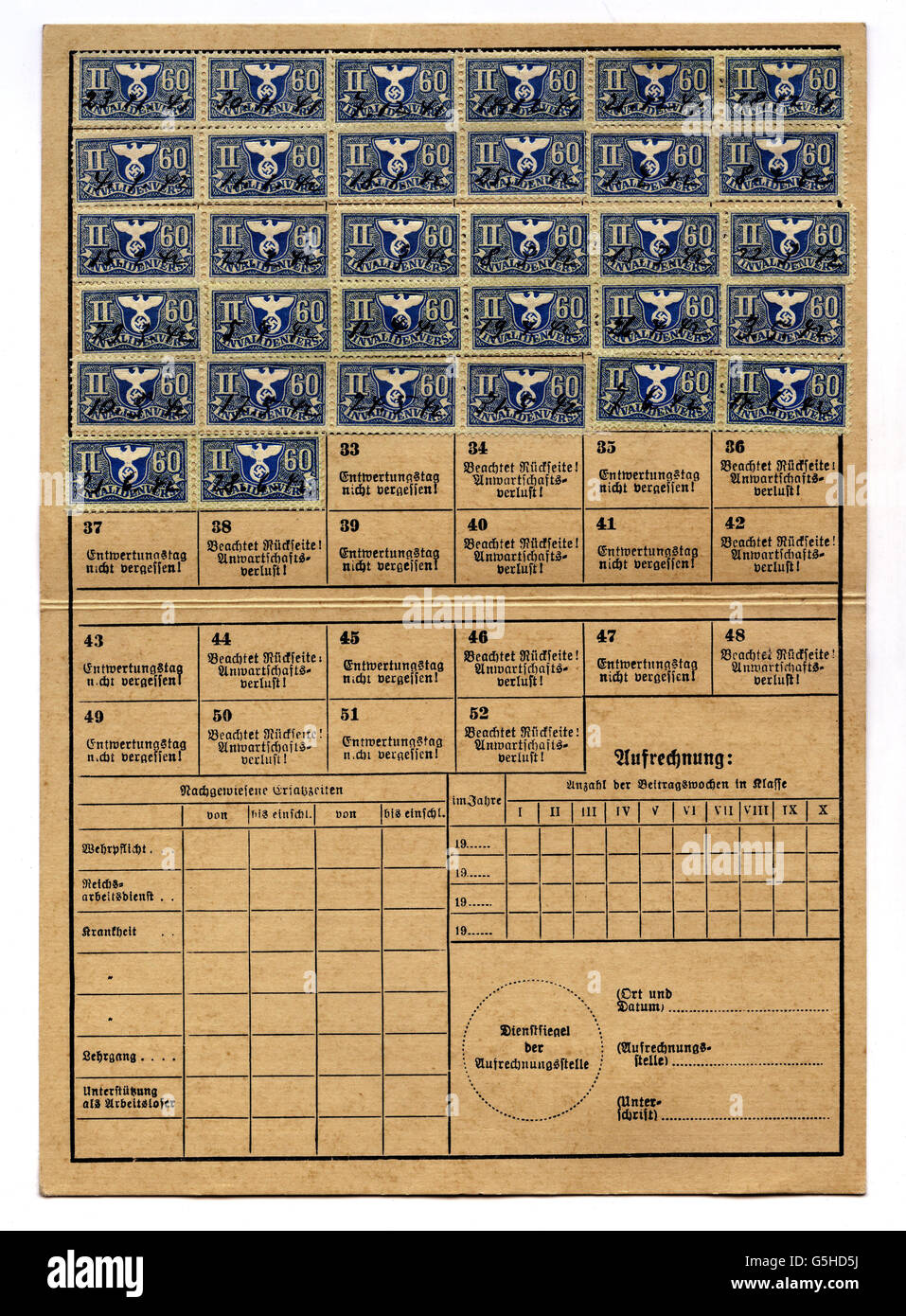 Nazisme / National socialisme, documents, assurance invalidité, Versicherungsanstalt Oberbayern (Société d'assurance haute-Bavière), carte de reçu de Josef Obermeier, 22.12.1941, droits additionnels-Clearences-non disponible Banque D'Images