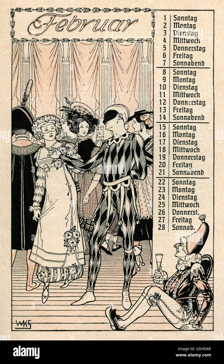 Calendriers, feuilles de calendrier, février 1903, carnaval, droits additionnels-Clearences-non disponible Banque D'Images