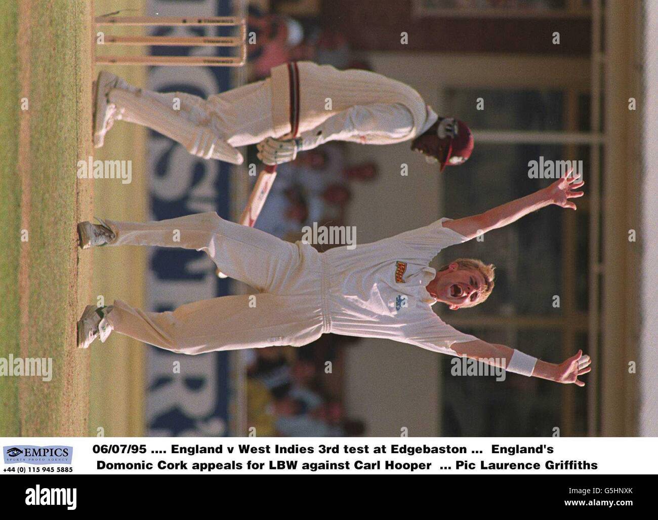 06-JUN-95, Angleterre contre West Indies 3e test à Edgebaston, en Angleterre, Dominic Cork appelle LBW contre Carl Hooper Banque D'Images