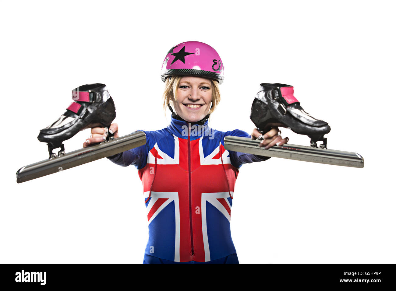 Patinage de vitesse sur piste courte - Team GB Photocall - National Ice Centre. Elise Christie, Grande-Bretagne Banque D'Images