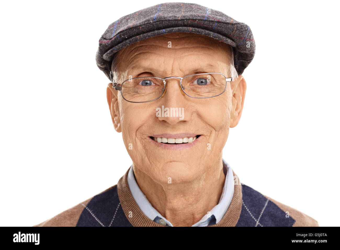 Portrait of a senior monsieur avec un béret gris isolé sur fond blanc Banque D'Images