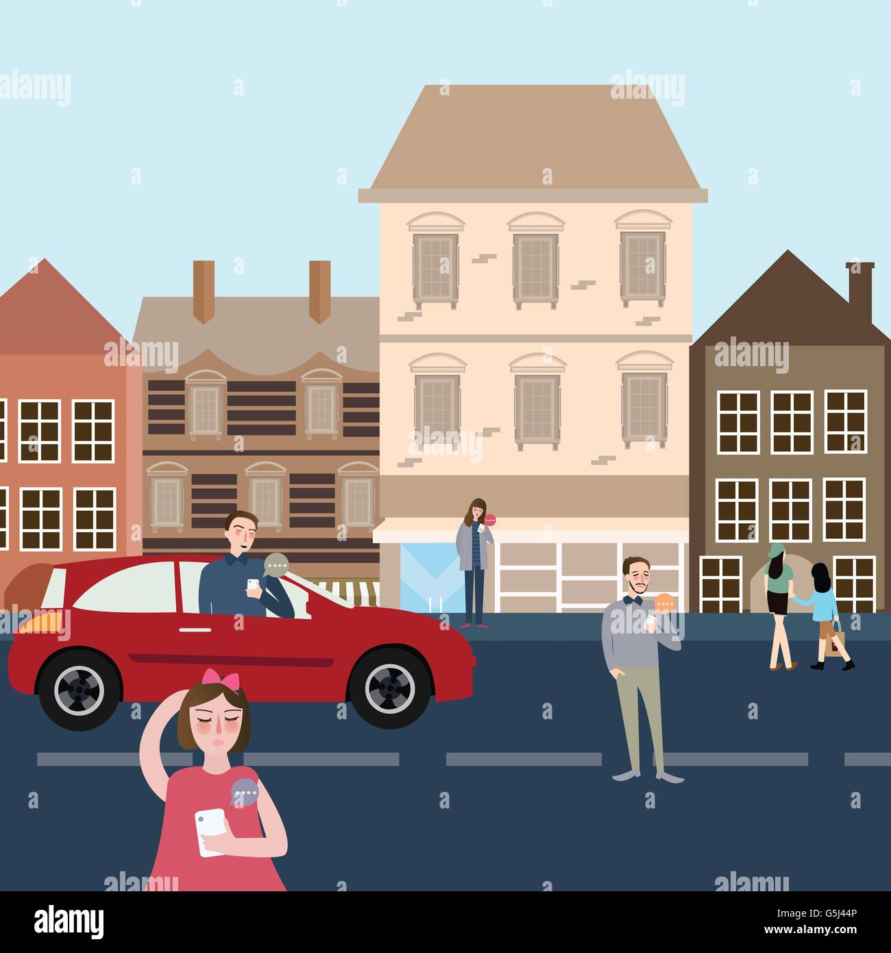 Homme Femme les gens dans la rue et voiture en utilisant leur téléphone accro au problème de la sécurité de l'écran Illustration de Vecteur