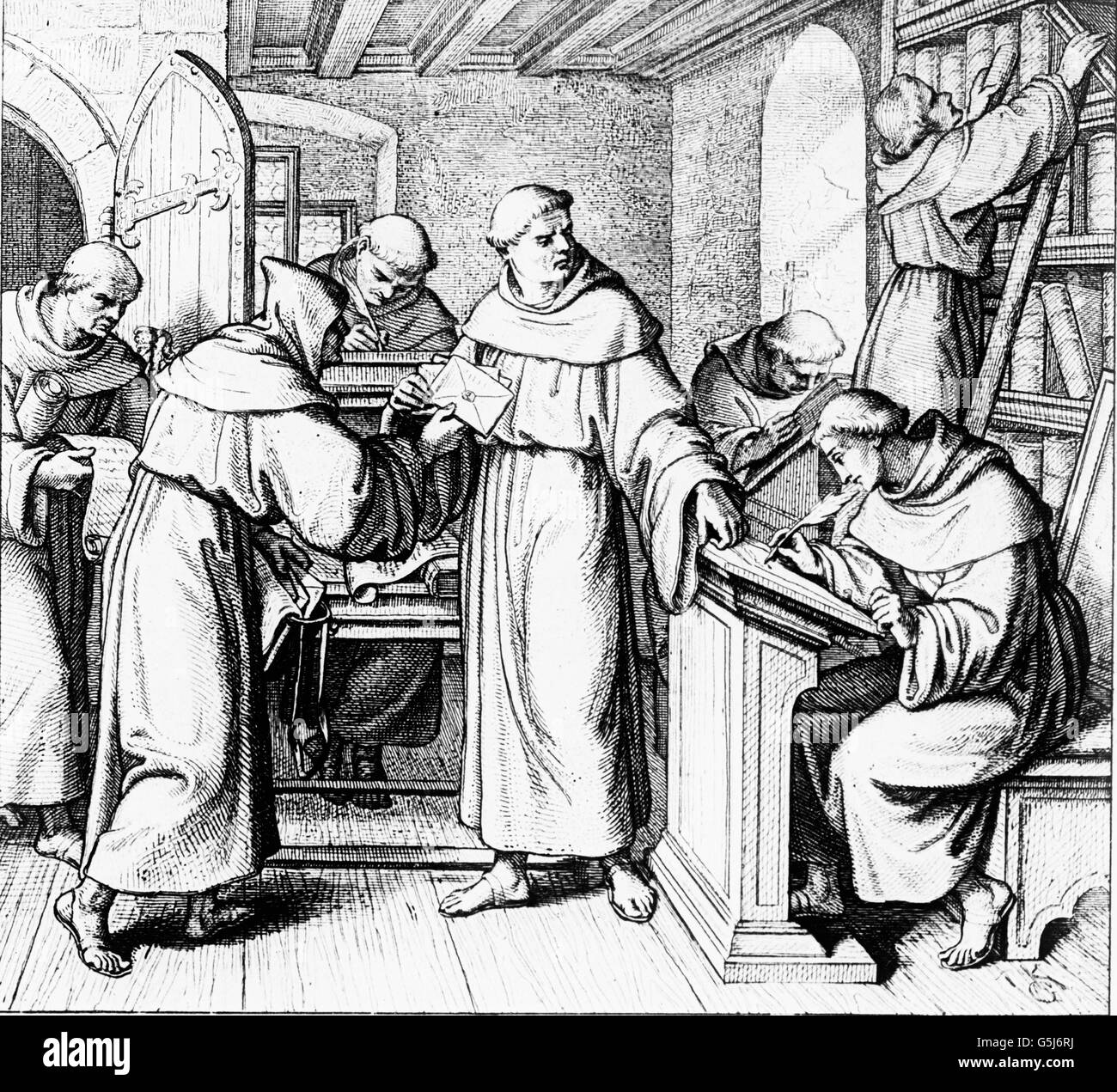 Mönche im Scriptorium eines Klosters. À un scriptorium des moines dans un monastère. Banque D'Images