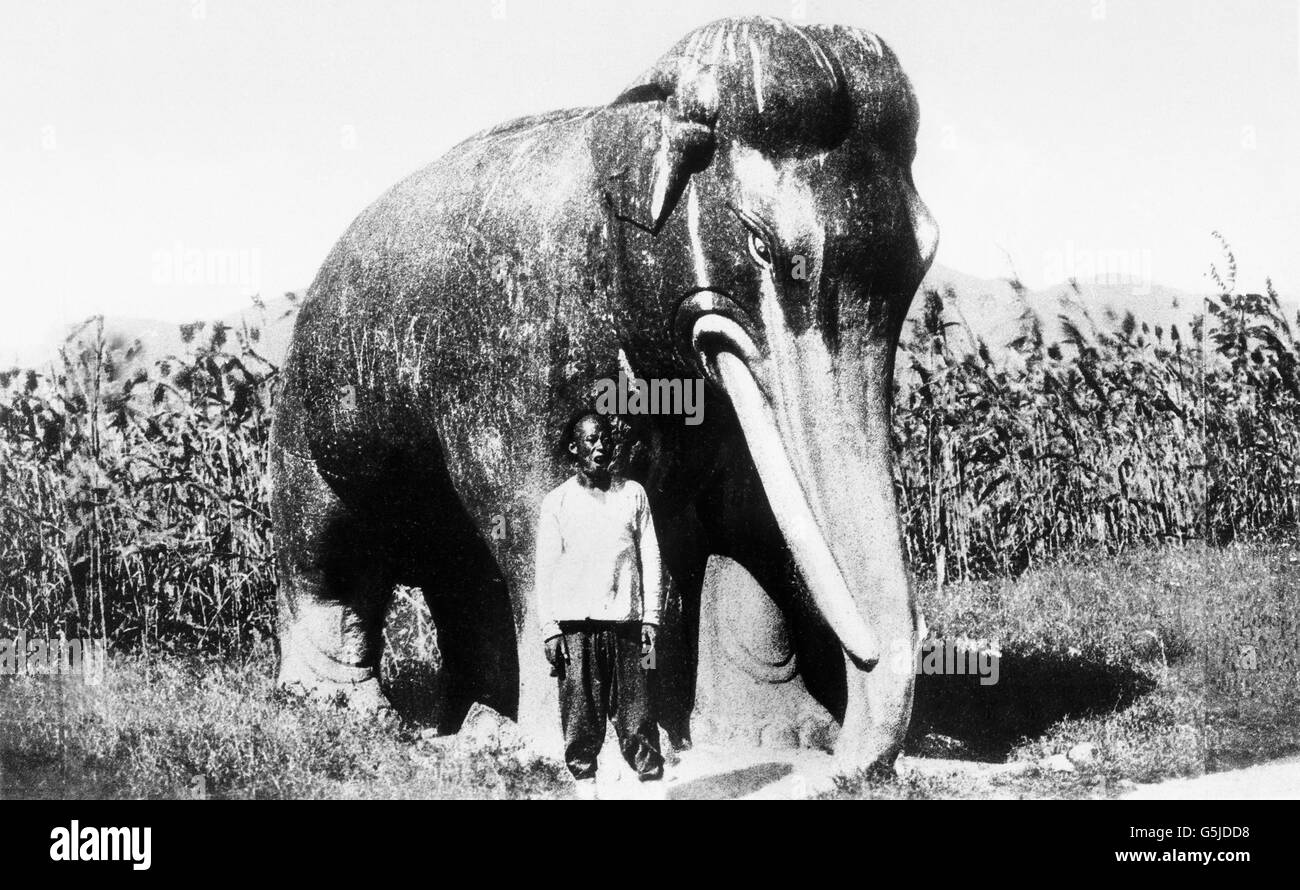 Ein Mann steht un einer aus Stein gehauenen Statue eines Elefanten, Chine 1910er Jahre. Le chinois à une sculpture de pierre d'un éléphant, d'une Chine des années 1910. Banque D'Images